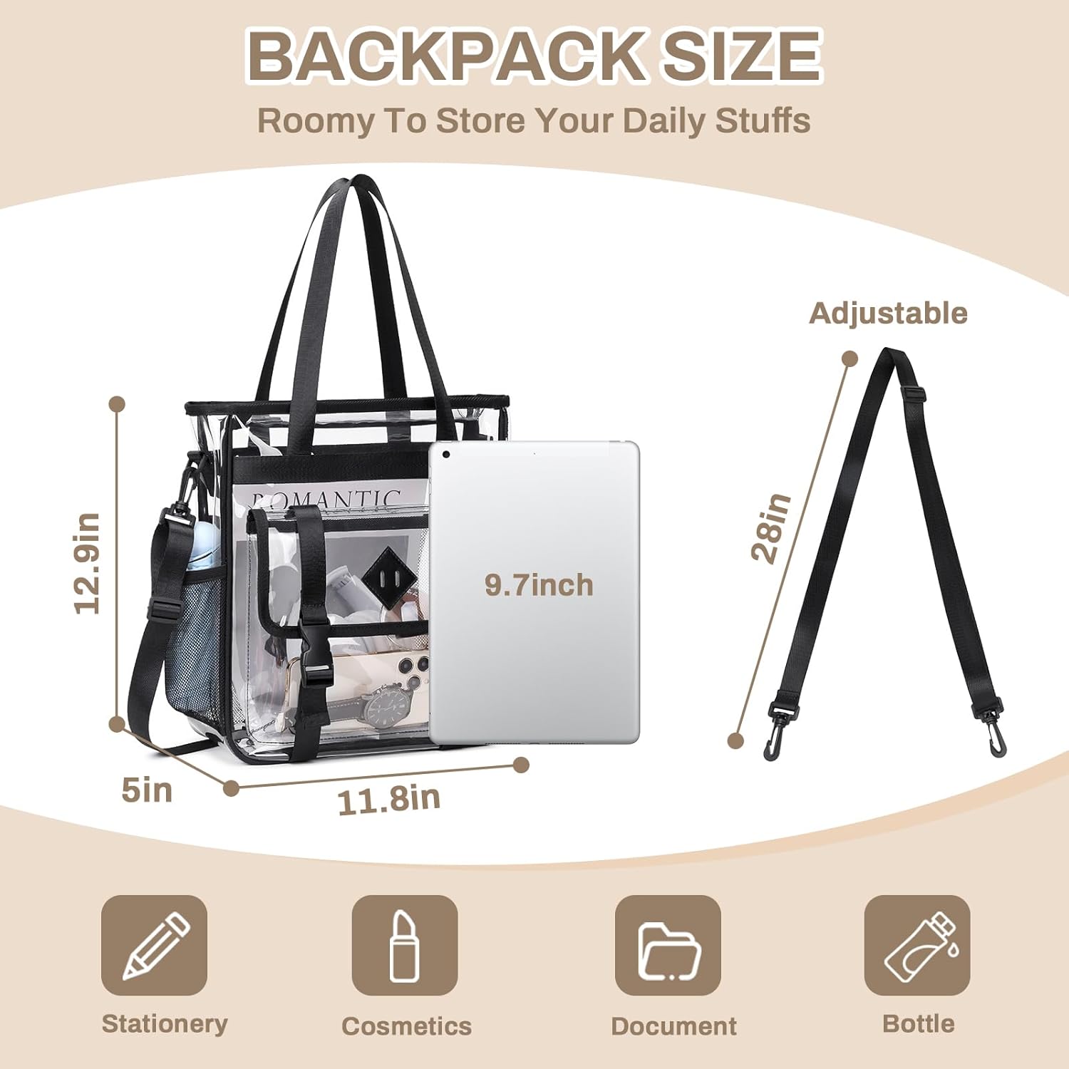 MUSEVOS Clear Tote Bag Stadium Approved 12x6x12, Thickened Heavy Duty PVC Transparent Tote Bag Water Resistant - Image 5