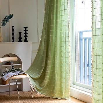 OYX Green Plaid Curtains 52x63 Inch - Cotton Linen Semi Blackout Window Drapes with Embroidered Grid & Tassels, Bohemian Farmhouse Decor for Living Room, Bedroom, Kitchen,2 Panels