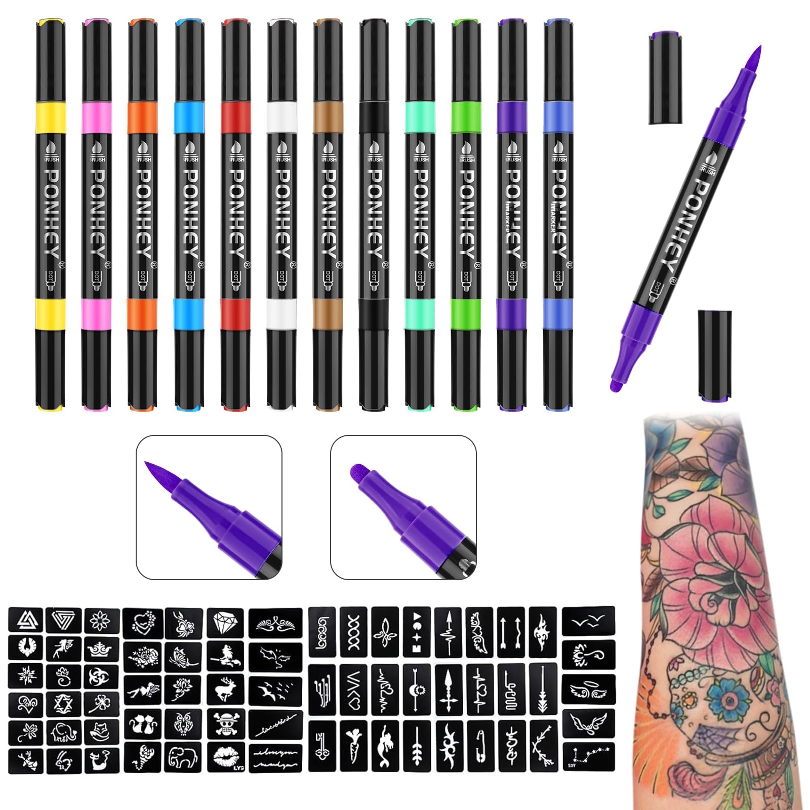 Ponhey Temporary Tattoo Markers for Skin, 12 Body Markers+67 Large Tattoo Stencils,Dual-End Tattoo Pens,Fine Lines with Cosmetic-Grade,Flexible, Skin-Safe Face Paint Kit for Kids Teenage Adults Muticolor 12 Body Markers