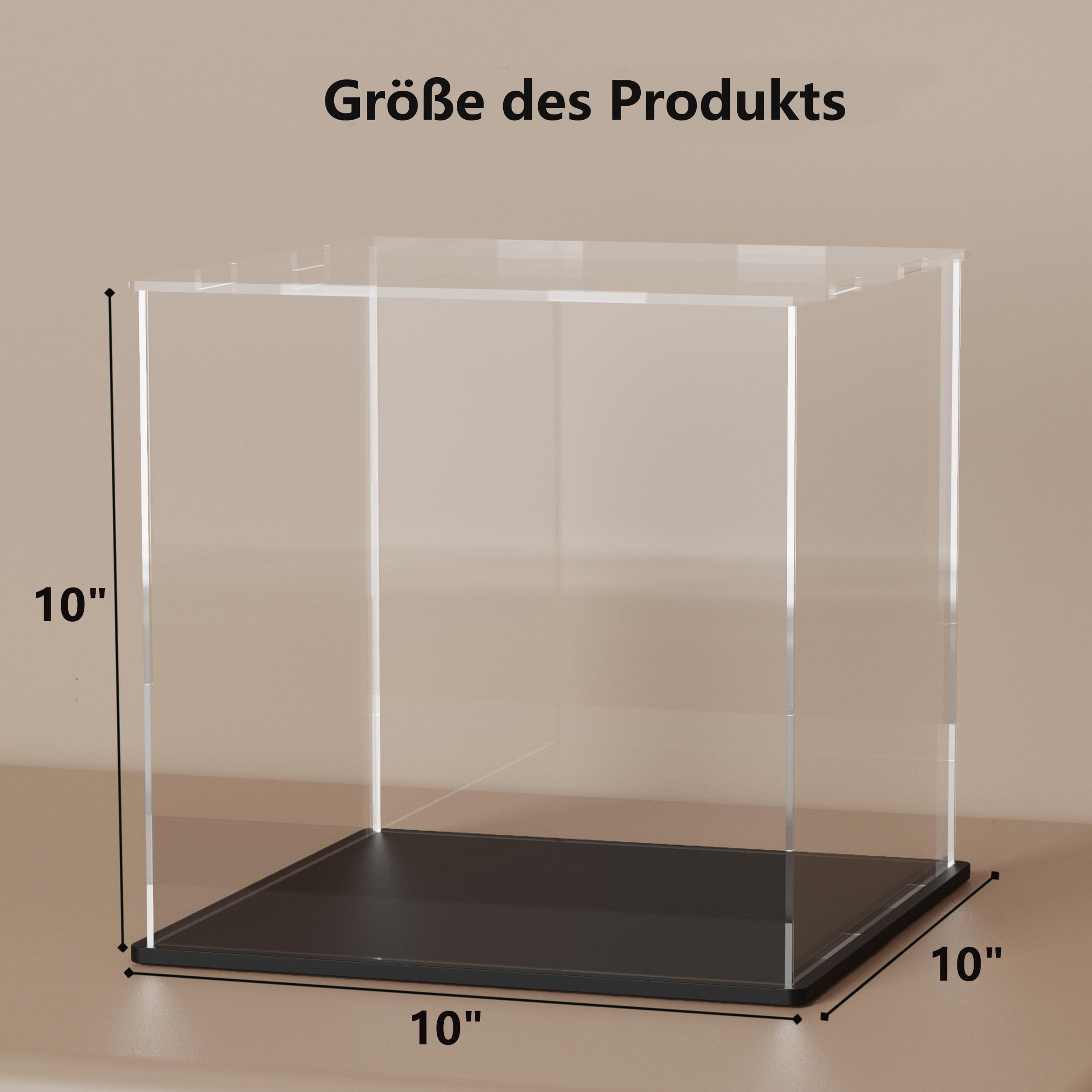 Vitrina de presentación acrílica, cajas de cubo de acrílico de 10 x 10 pulgadas para presentación, vitrinas transparentes con fondo negro mate y tapa para objetos coleccionables y figuras