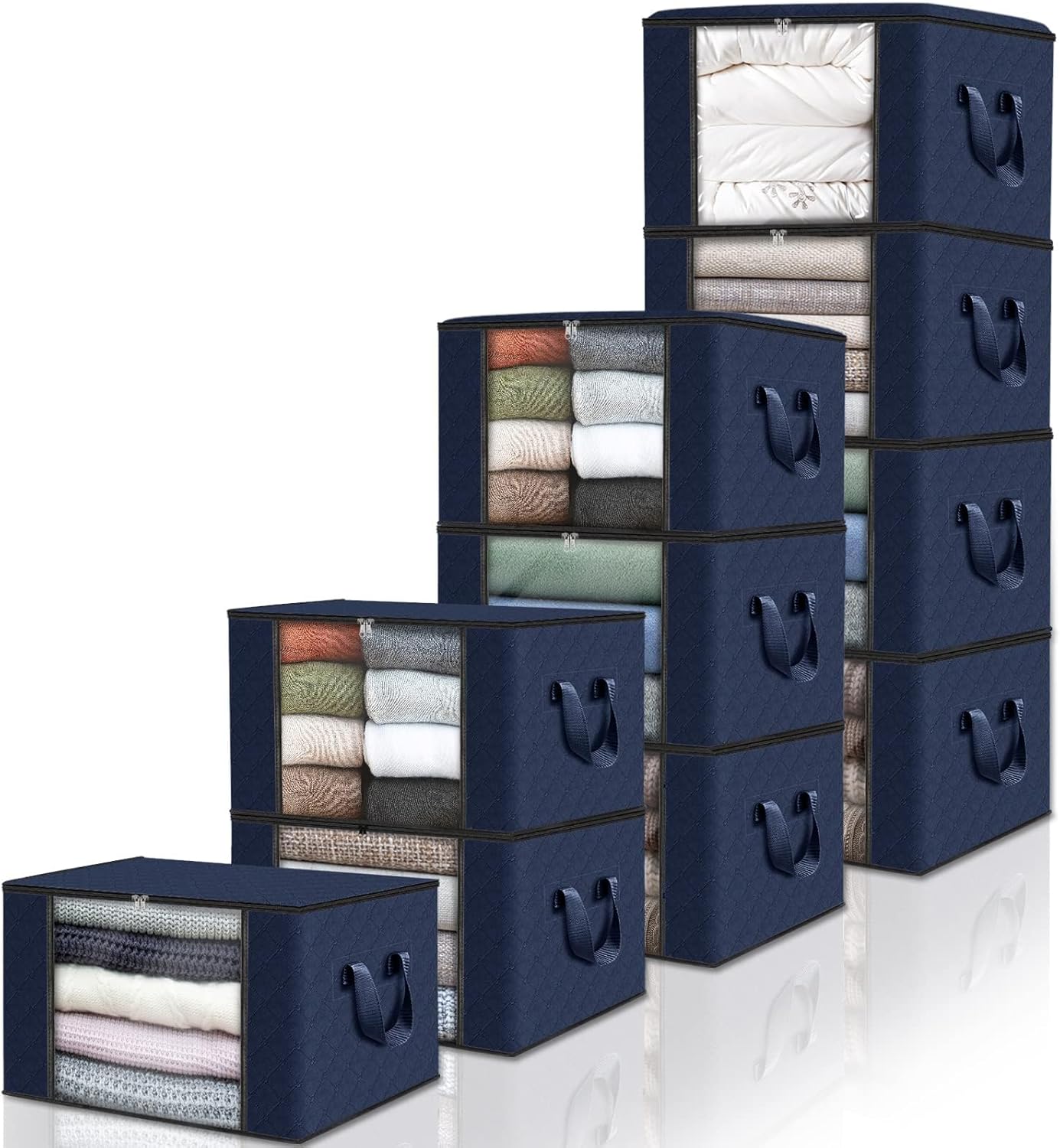 Fab totes 10 Pack Clothes Storage, Foldable Blanket Storage Bags, Storage Containers for Organizing Bedroom, Closet, Clothing, Comforter, Organization and Storage with Lids and Handle, Blue