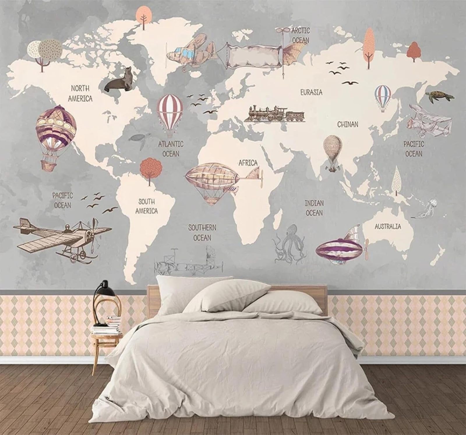 XLMING Vintage World Map Hand Drawn Aeroplane Hot Air Balloon 3D Wallpaper Premium Textured Silk Study Dining Living Room Bedroom Sofa TV Wall Easy Install-150cm×105cm