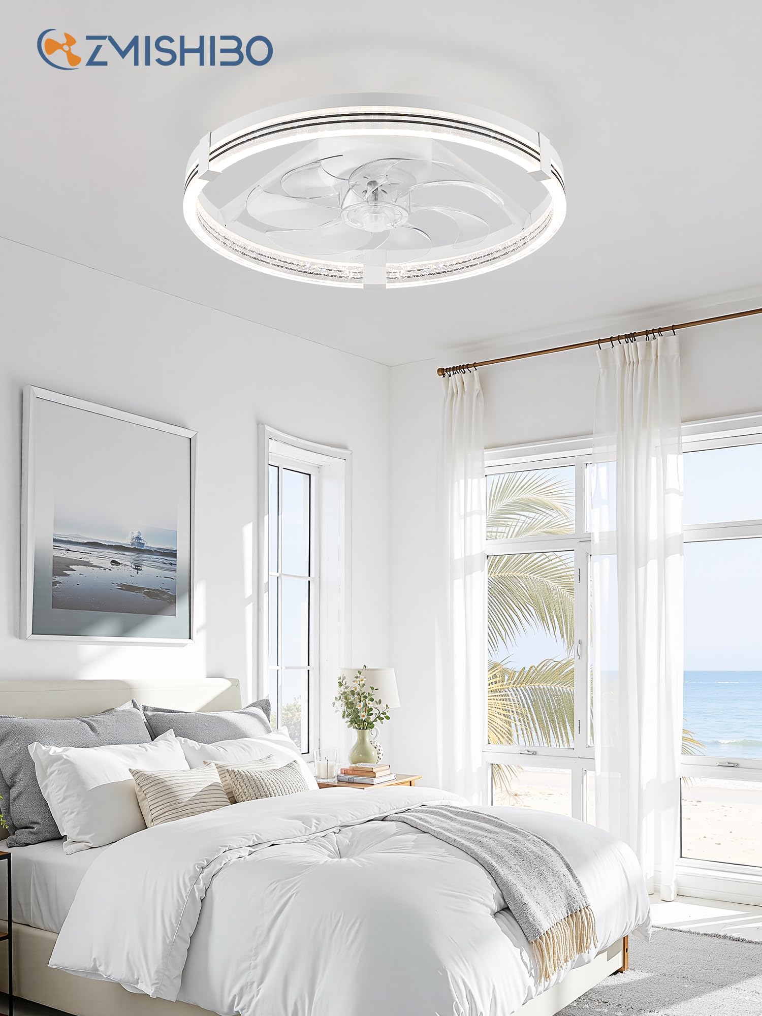 ZMISHIBO Deckenventilator mit Beleuchtung, dimmbare LED 3000K-7000K, 6 Geschwindigkeiten, Umkehrfunktion, APP & Fernbedienung, Timer, leise für Wohnzimmer & Schlafzimmer, Weiß
