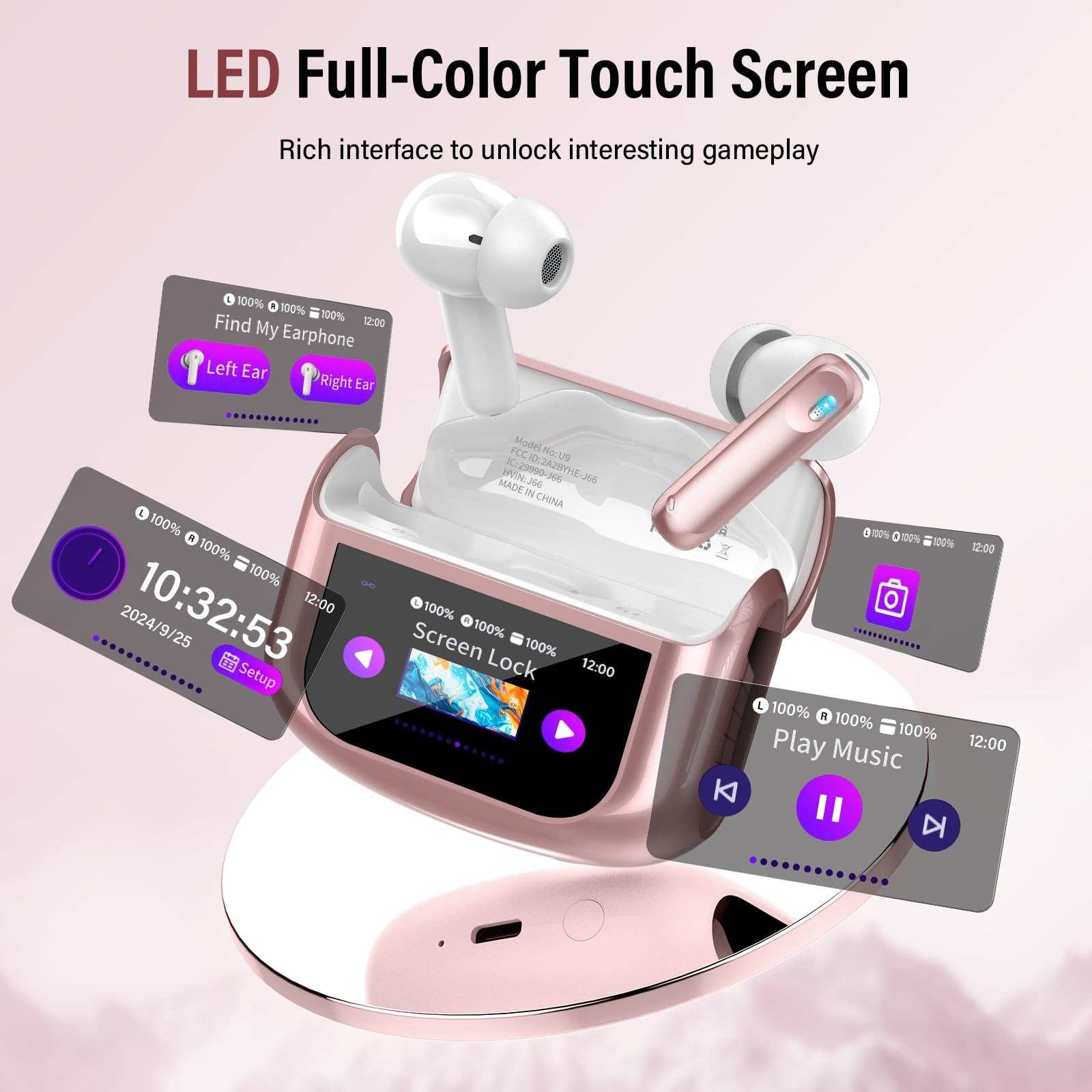 Thunelec Ecouteurs Bluetooth sans Fil, 48H Écouteur Bluetooth 5.4 avec Écran Tactile Multifonction, ANC/ENC/Mode Transparence/Mode 5 EQ, Rose