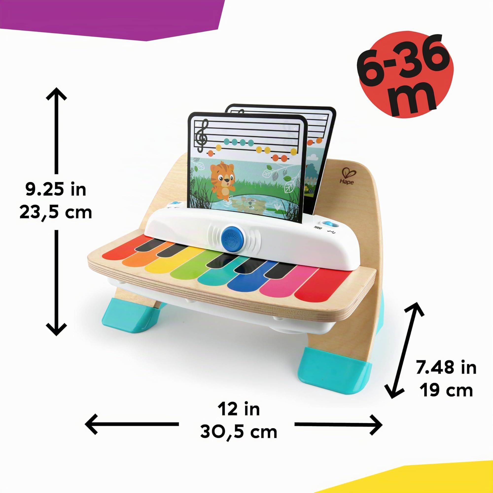 Baby Einstein, Hape, Piano Magic Touch, Juguete Musical de Madera, Incluye 3 partituras y 6 Canciones, Volumen Ajustable, a Partir de 6 Meses, Be Piano, 1 Unidad (Paquete de 1)