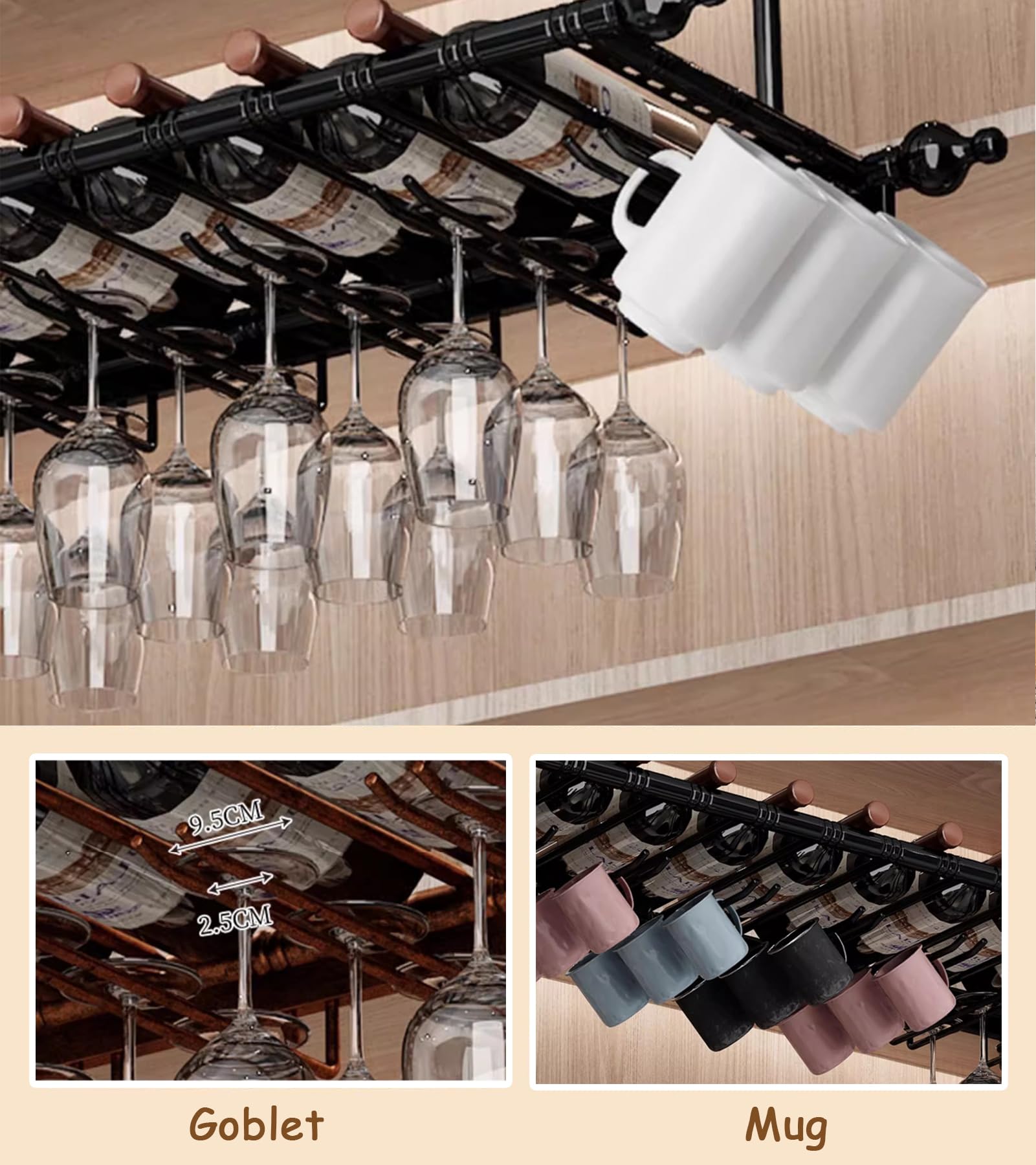 Estante industrial para copas de vino montado en la pared, soporte de metal ajustable para el hogar, bar y cocina, elegante estante de vino de hierro (negro, 60 x 30 cm)
