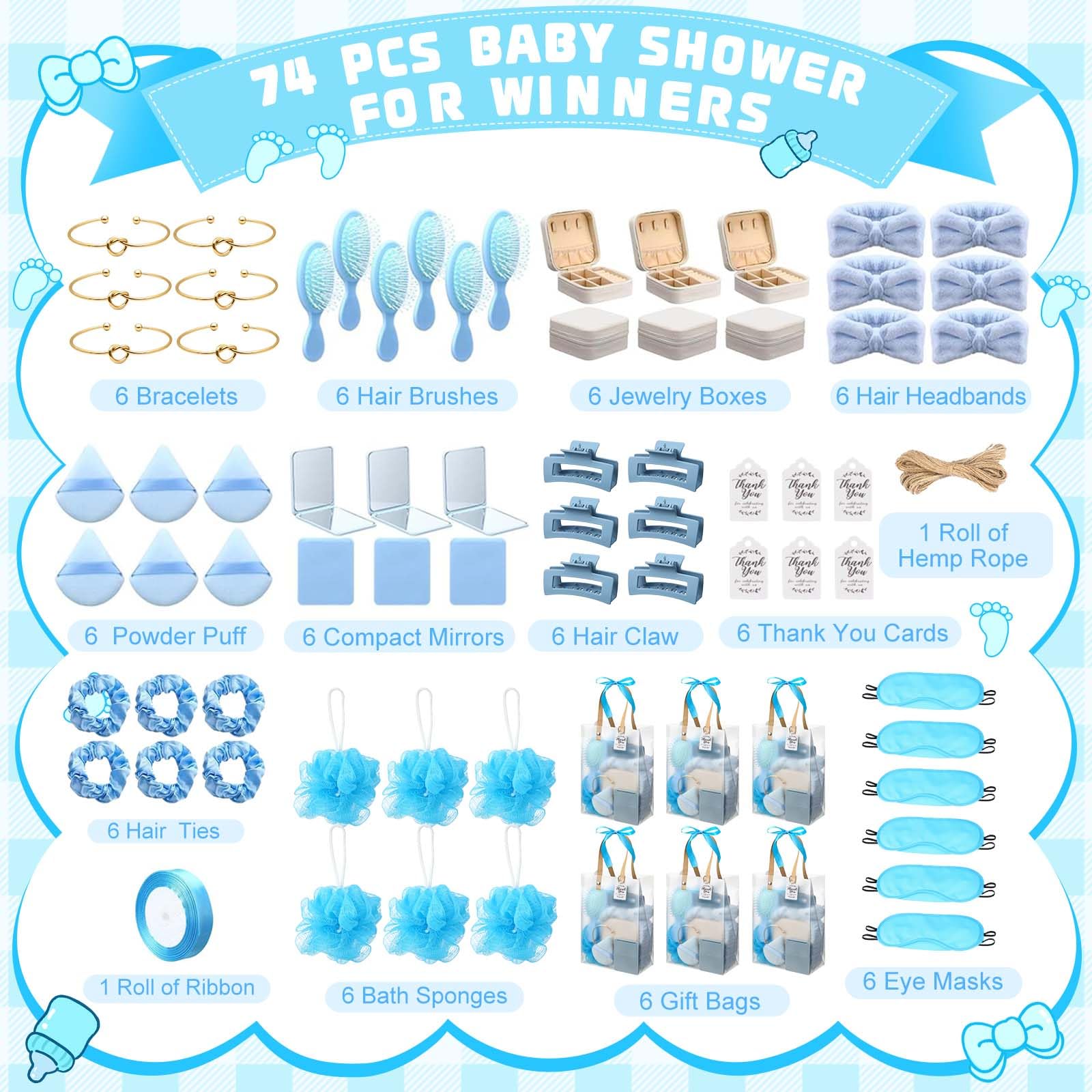 74Pcs Baby Shower Prizes for Game Winners Baby Shower Favors Gifts including Headband Hair Brush Jewelry Box with Gift Bag for Baby Shower Game Prizes Wedding Bridal Shower Favors (Blue)