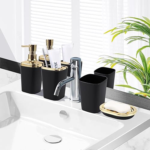 Miniatura 5 de Juego de accesorios de baño negro, juego de accesorios de baño de 9 piezas completo con basura, bandeja de tocador, dispensador de jabón, jabonera,