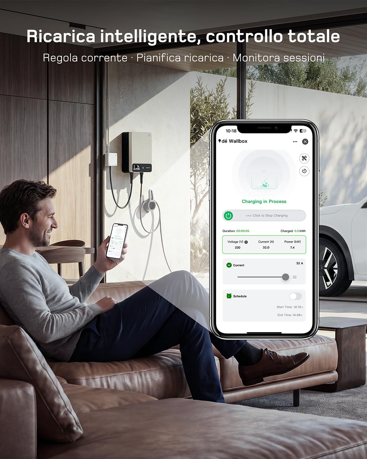 dé Wallbox 7,4 kW Tipo 2 con APP, Cavo Tipo 2 de 5m | Carichino Auto Elettrica 7,4 kW, RFID, 6-32A 230 V, Ricarica Programmata 0,5-8 h, IP54, RCD Tipo A 30 mA AC + 6 mA DC, Bianco