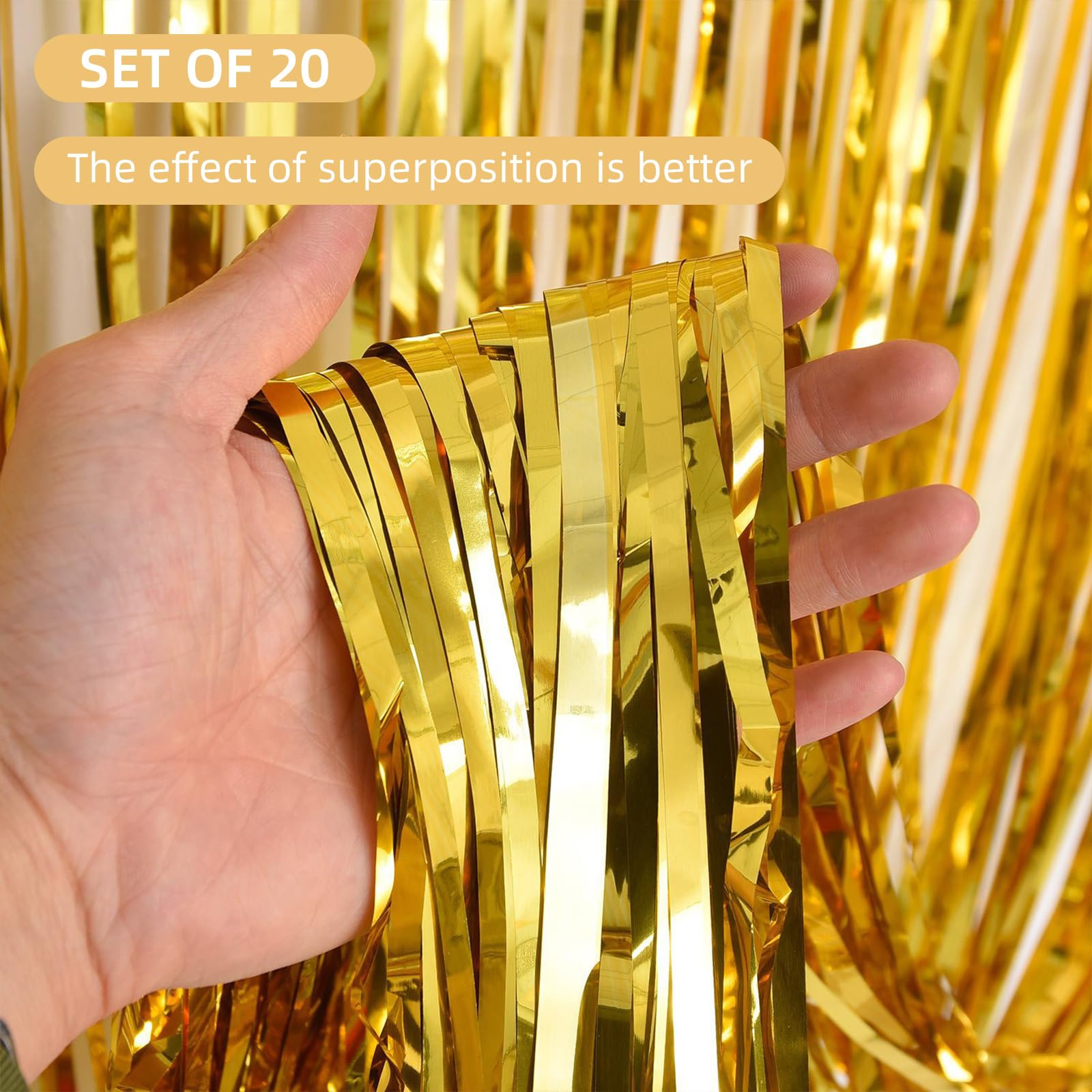Lot de 20 rideaux à franges en feuille d'or de 1 x 3 m - Rideaux à franges en feuille dorée métallique pour décoration de fête d'anniversaire, fiançailles, enterrement de vie de jeune fille