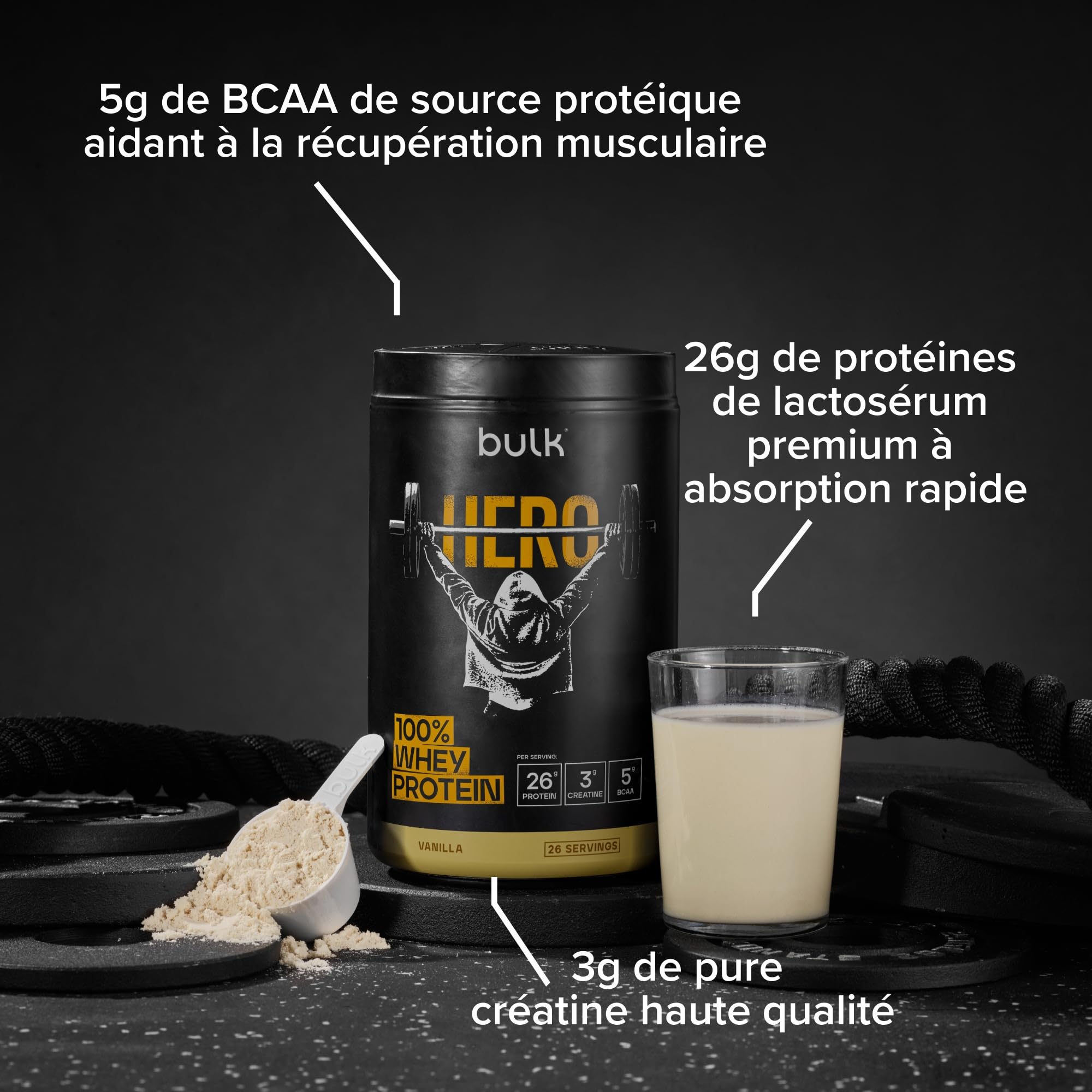 Bulk Hero 100% Whey Protéine en Poudre | Vanille | 910g | 26g Protéine + 3g Créatine | 5g BCAA | Faible en Sucre | Absorption Rapide | Isolat, Hydrolysat & Concentré