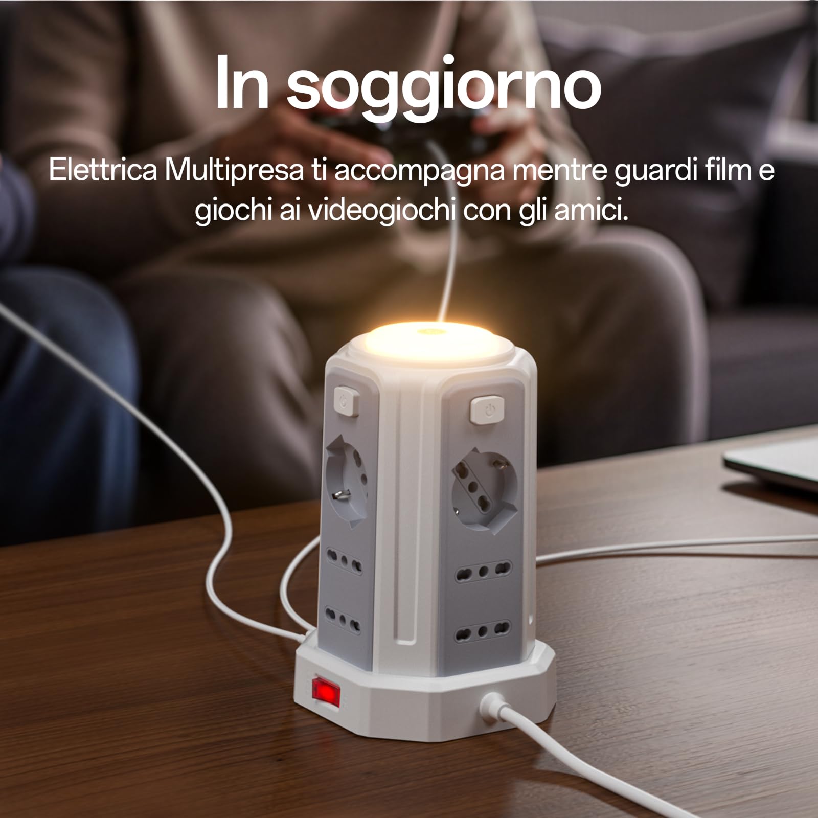 Regleta eléctrica con luz nocturna, 12 tomas universales 10/16 A ITA y Schuko y 3 USB A+1 USB C protección contra sobretensión con 4 interruptores independientes para la oficina, la casa