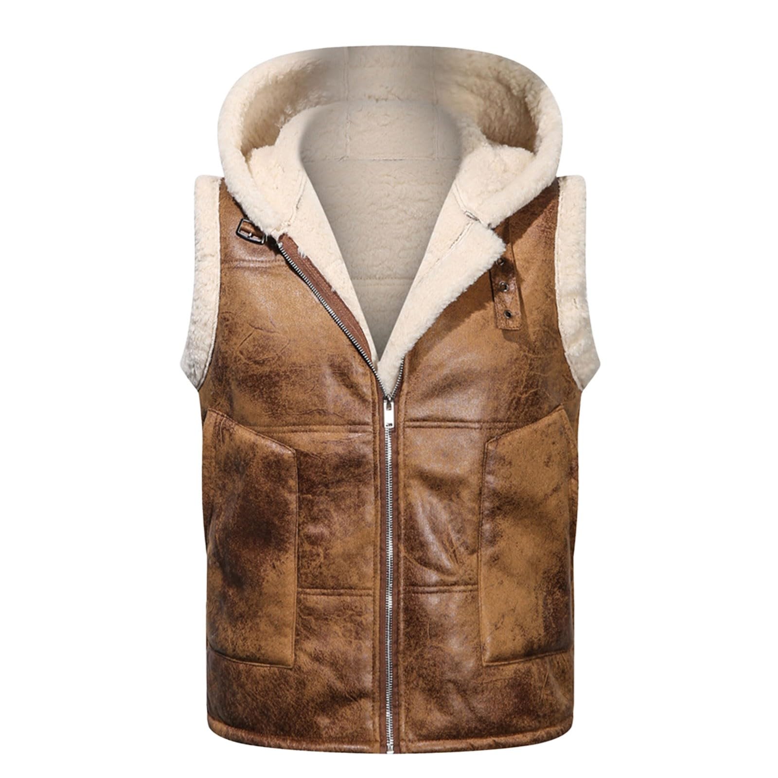 Gilet da uomo, taglie grandi, marrone, gilet in pile | Gilet da esterno in pelle scamosciata, per il tempo libero, da viaggio, invernale, sciancrato, elasticizzato, in pelle bovina