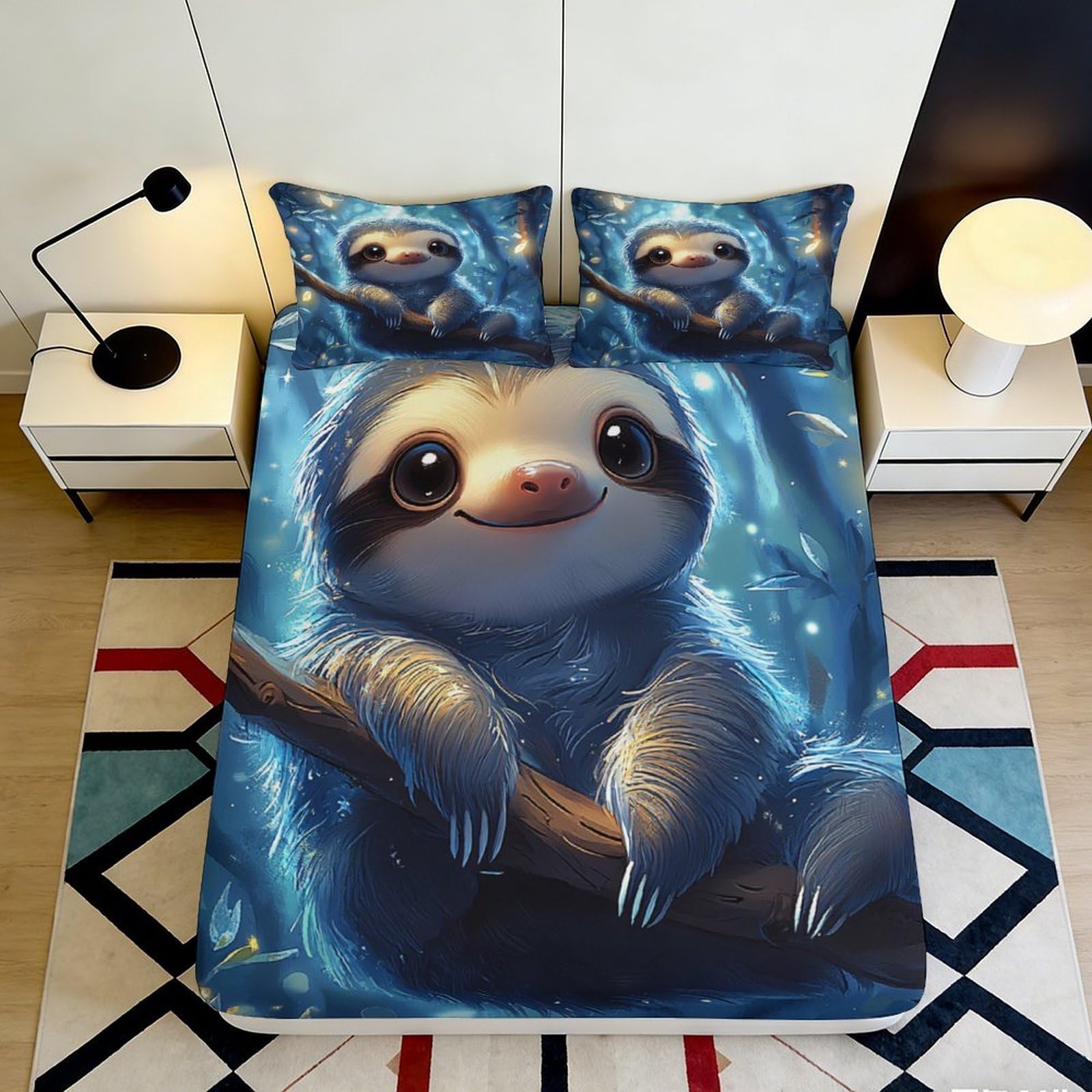 3D Printed Cute Sloth Blue Microfiber Fitted Sheet Soft Breathable Forest Night Bed Cover for Bedroom Dormitory Guest Room Mattress Protection Decor 140x200x25cm
