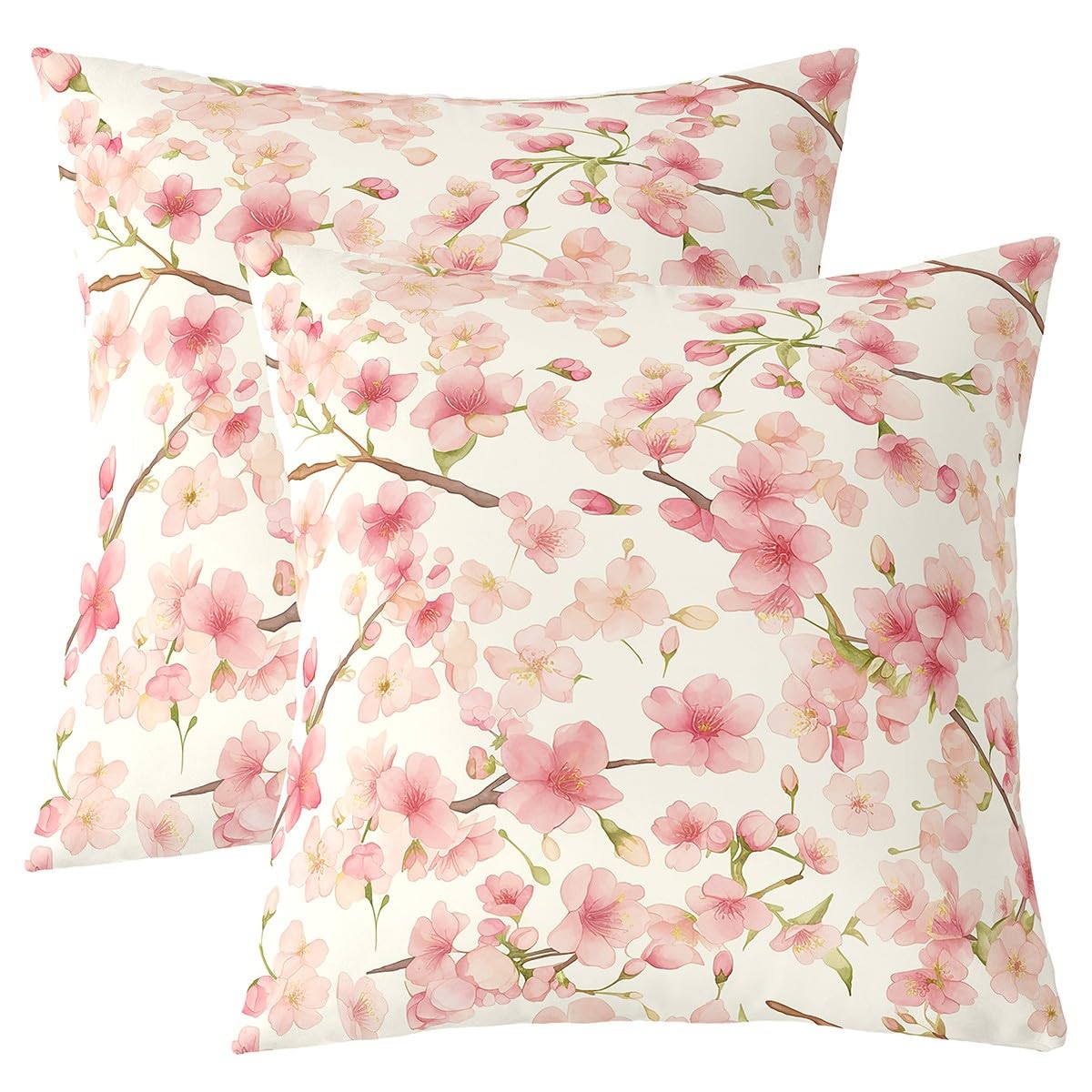Loussiesd Peach Blossom Reversible Throw Pillow Covers 40x40cm Floral Pillow Covers Home Decor for Kids Teens Adults Botanical Flower Square Cushion Covers Set of 2 Spring Natural