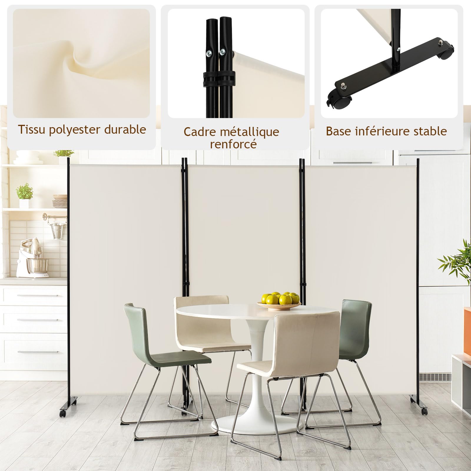 GIANTEX Paravent de séparation de pièce, 262 x 180 cm, avec roulettes, 3 pièces, Pliable, en Tissu, en Fer, séparateur Mural privé pour Chambre à Coucher, Bureau (Beige)