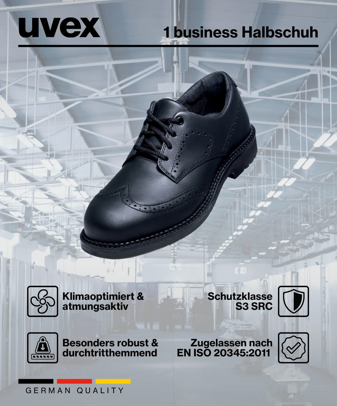 Uvex 1 Zapatos de seguridad con puntera de acero, zapatos de trabajo resistentes y transpirables S3 SRC, unisex, color negro, talla 47