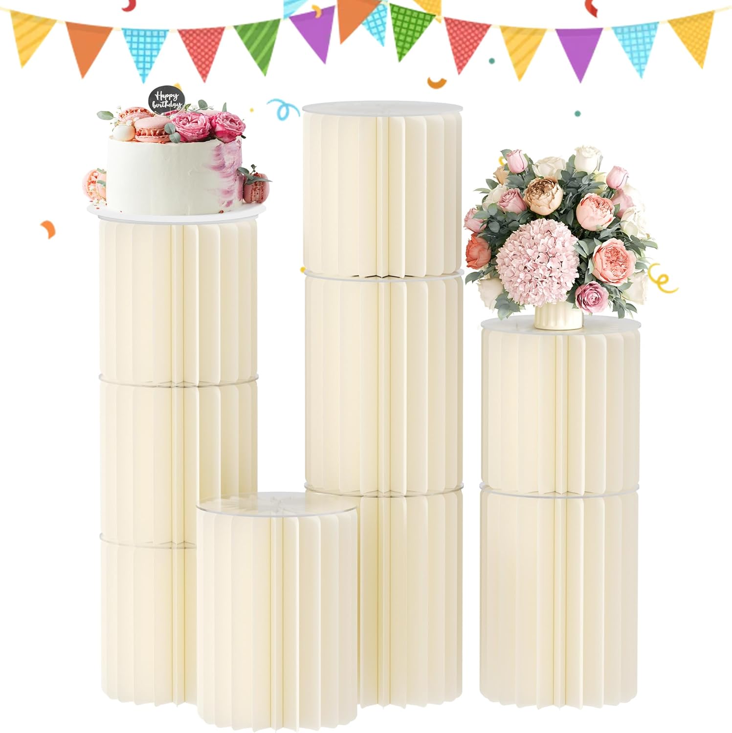 Urban Deco Cylinder Stands for Party, 8PCS Cake Pedestal Stands for Parties, Foldable Cardboard Pillars with Acrylic Disc, Cilindros para Fiestas Redondos Blancos for Birthday Wedding Decor, White