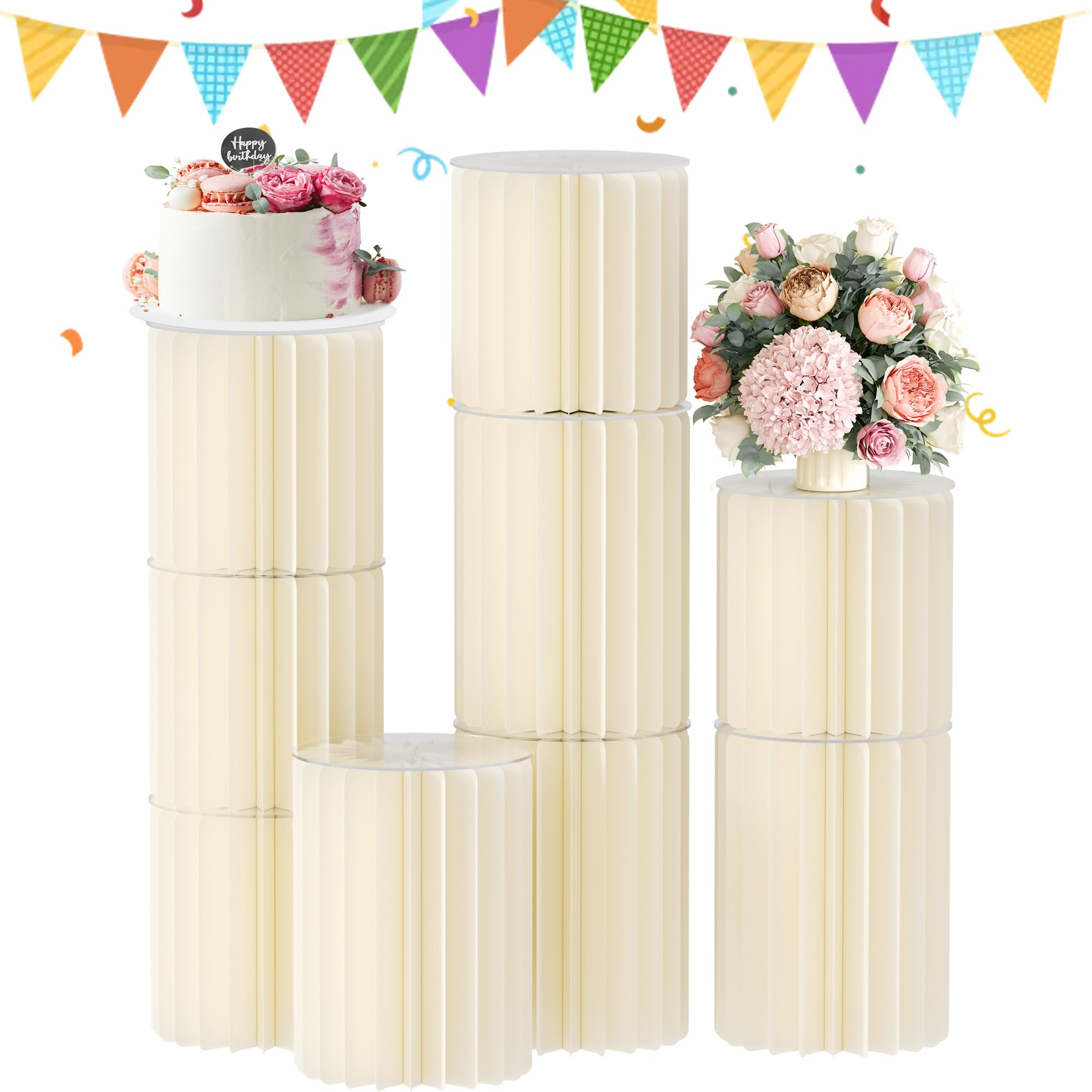 Photo 1 of Urban Deco Cylinder Stands for Party, 8PCS Cake Pedestal Stands for Parties, Foldable Cardboard Pillars with Acrylic Disc, Cilindros para Fiestas Redondos Blancos for Birthday Wedding Decor, White