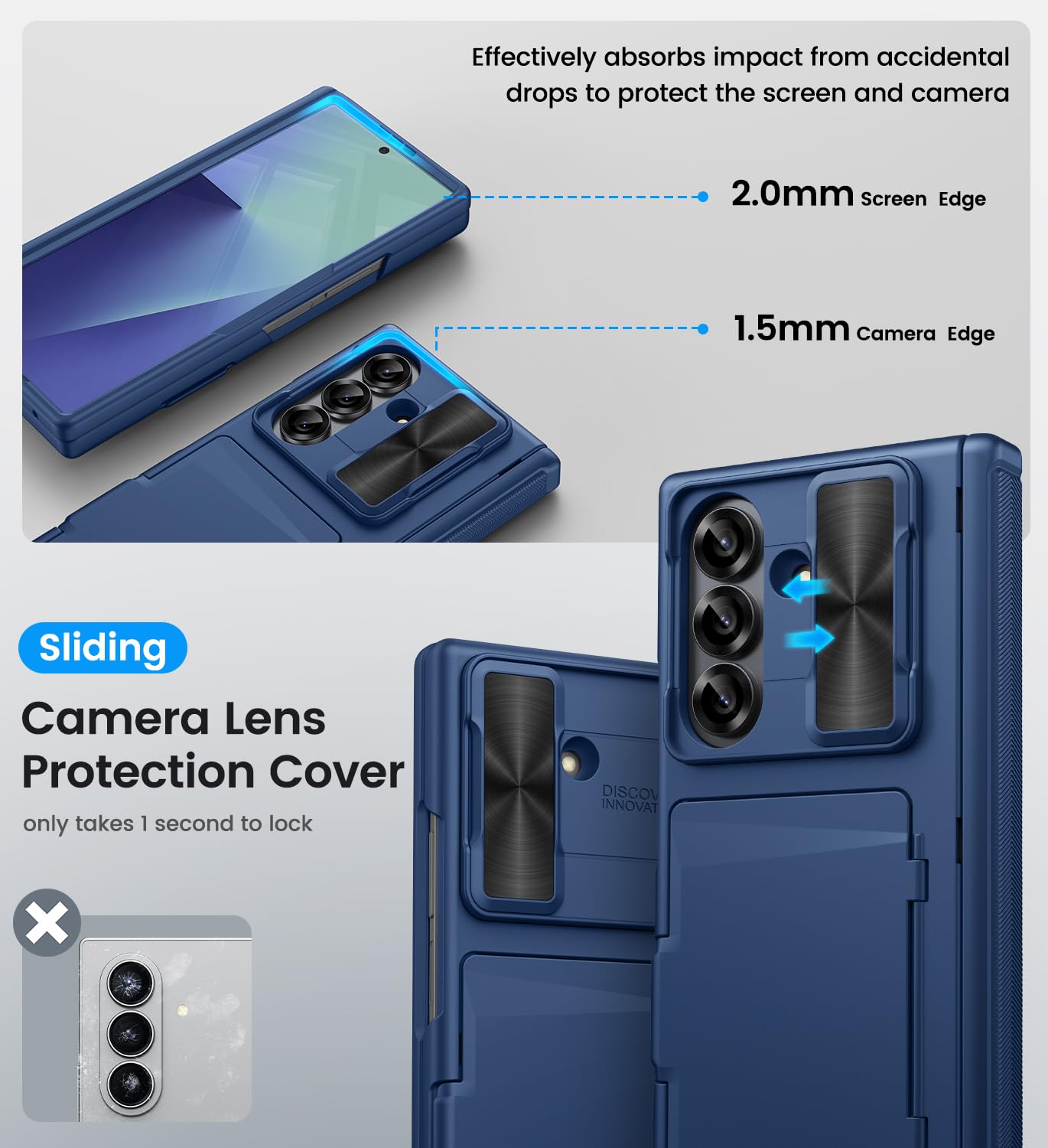 Vihibii Etui do Samsung Galaxy Z Fold 7 z uchwytem na karty, ochrona zawiasu, ochrona ekranu, przesuwna kamera, twarda obudowa telefonu odporna na wstrząsy do Samsung Z Fold 7 2025, niebieskie