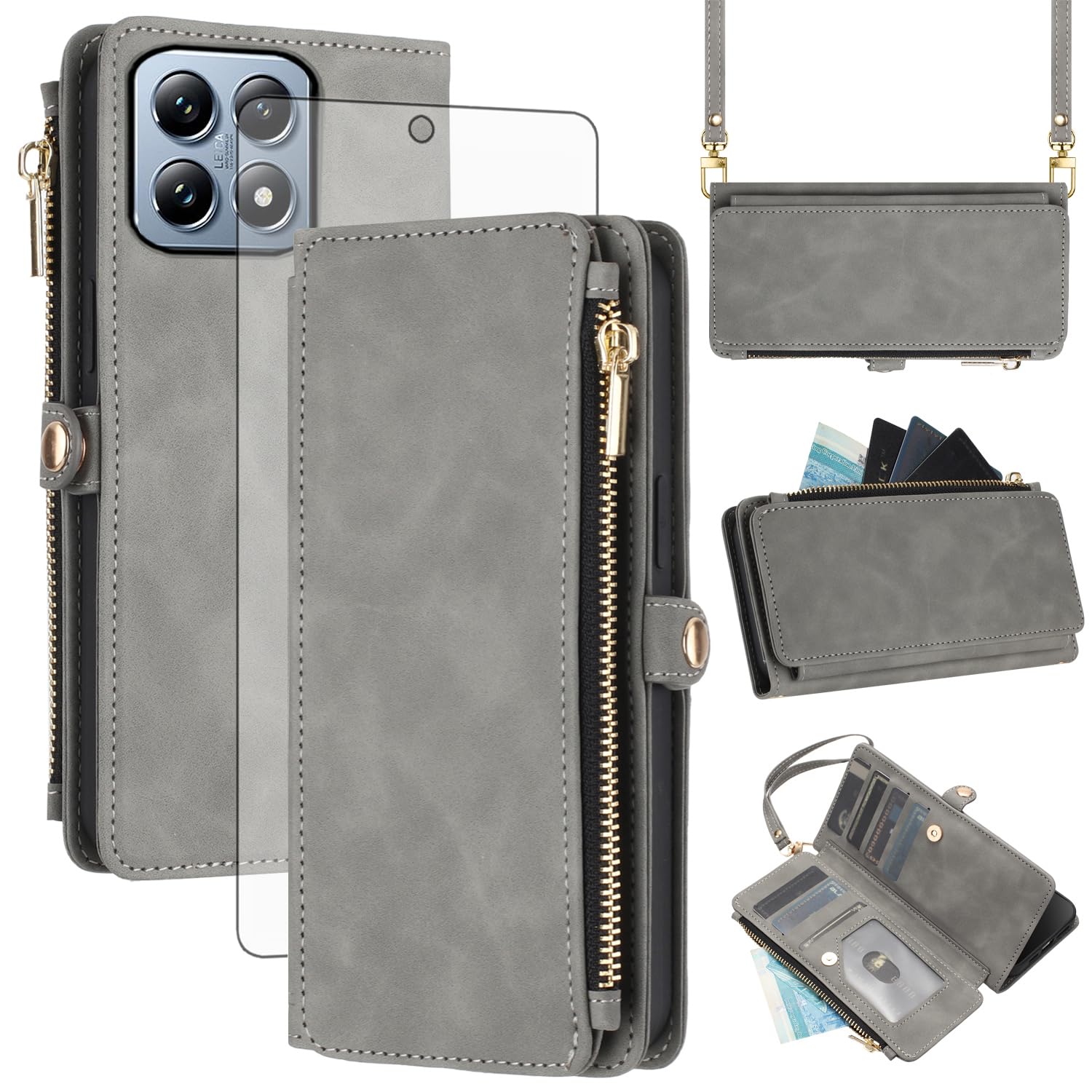 Asuwish Custodia Portafoglio Per Xiaomi 15 5G – Pelle Floreale Rosa Oro Con Cerniera, 6 Slot Carte + Catenina E Pellicola