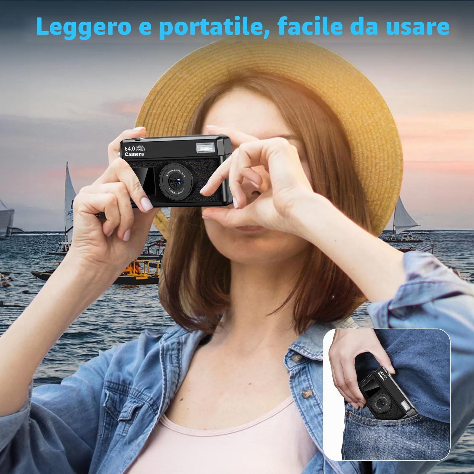 Macchina Fotografica Digitale,Fotocamera Digitale Compatta 4K 64MP (Pelle Nero) | Scheda da 32 GB, Anti-vibrazione, Zoom 18X, Videocamera per Vlogging per Adolescenti, Principianti, Adult (Pelle Nera)