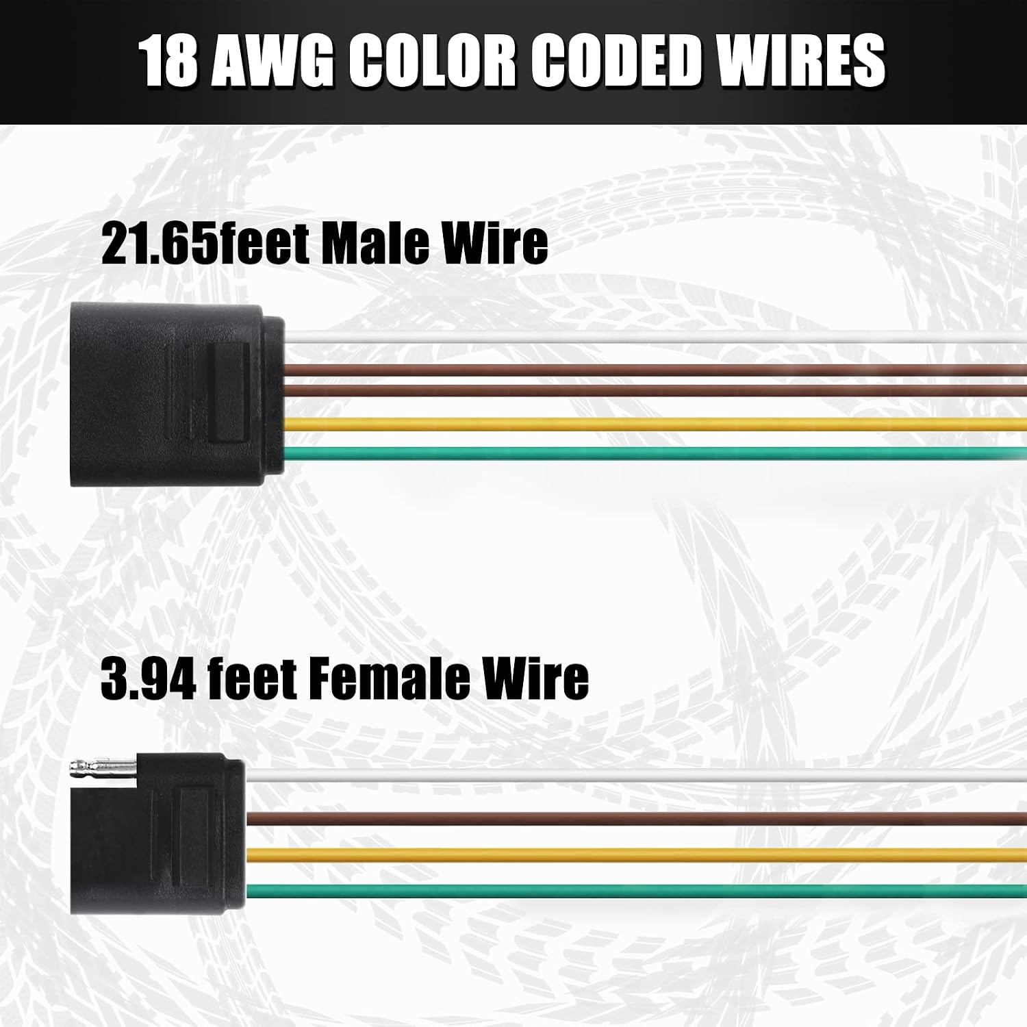 Gonice 36Ft 4 Wire 4-Flat Trailer Light Wiring Harness Extension Kit, 4-Way Plug 4 Pin Male & Female Extension Connector, Trailer Wiring Harness with 18 Gauge White Ground Wire