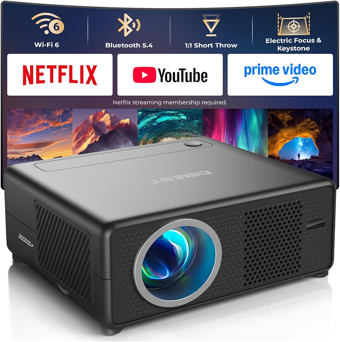 Mini Proyector con WiFi y Bluetooth, Tiro Corto Full HD 1080P | Proyector inteligente compatible con Netflix/YouTube/PrimeVideo, enfoque eléctrico y Keystone, película portátil/uso en exteriores/interiores
