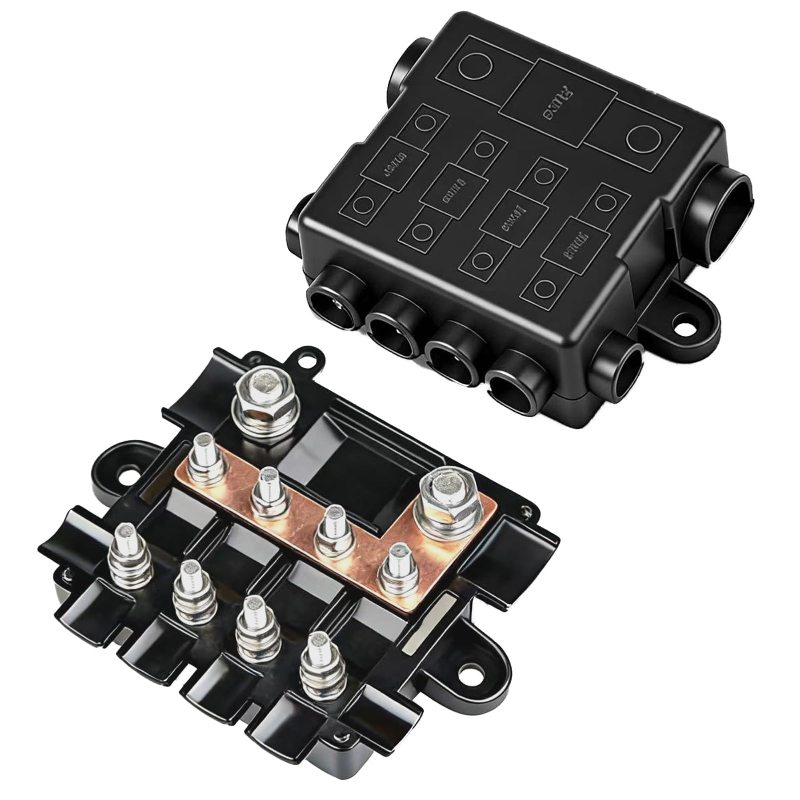 Portafusibili per 1 mega + 4 fusibili Midi con busbar/binario di raccolta, alloggiamento in poliammide con copertura: distribuzione compatta e sicura dell'alimentazione per circuiti alti e medi in