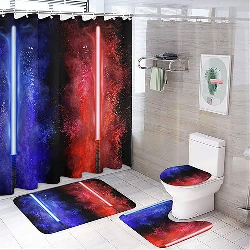 Miniatura 9 de Juego de 4 cortinas de ducha con temática de película retro, alfombras antideslizantes, cubierta para tapa de inodoro y tapete de baño, duradero e