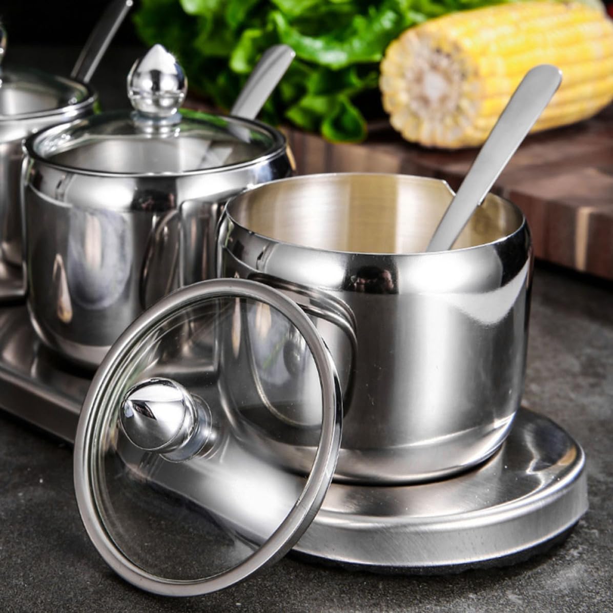 Set di 3 Barattoli per Spezie in Acciaio Inox con Base Rotante, Contenitori per Condimenti in Vetro e Acciaio, Accessori per Cucina Moderni per Buffet e Tea Party