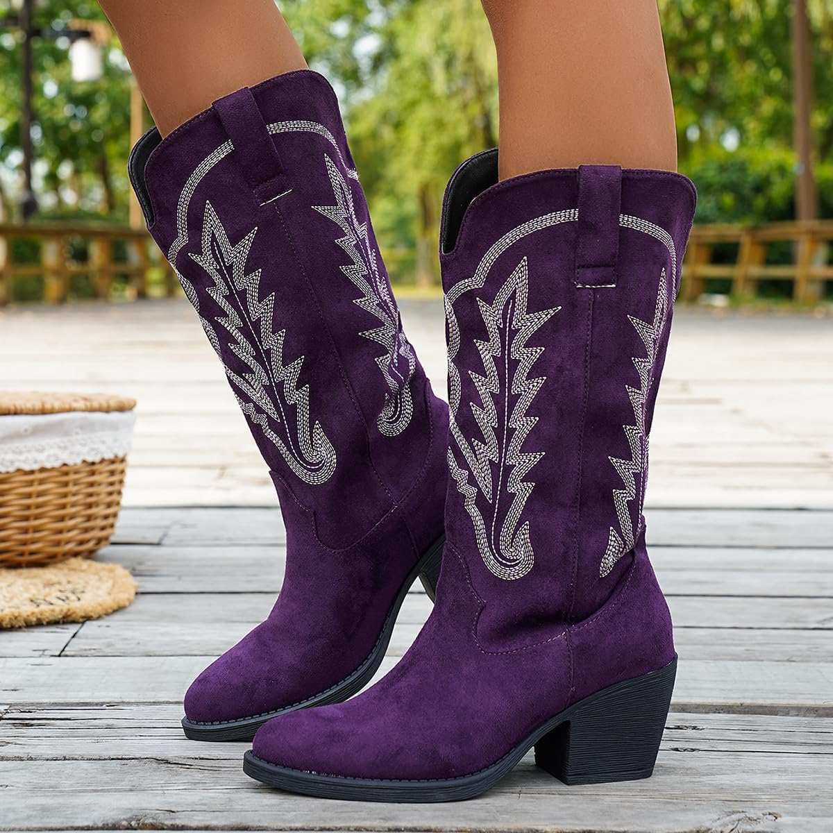 Women Cowboy Boots Comfortable Pull On Western Booties Pointed Toe Chunky Heel Cowboy Boots Pull On Womens Fashion Mid Calf Boots
