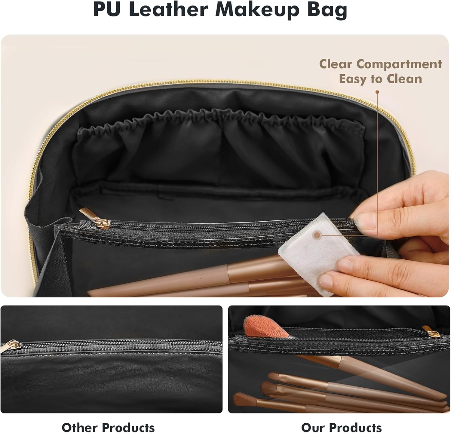 Prite Makeup Bag for Women Travel Waterproof Vegan Leather Cosmetic Bag Open Flat Toiletry Bag With Clear Divider and Handle (Plaid Black) - Image 6