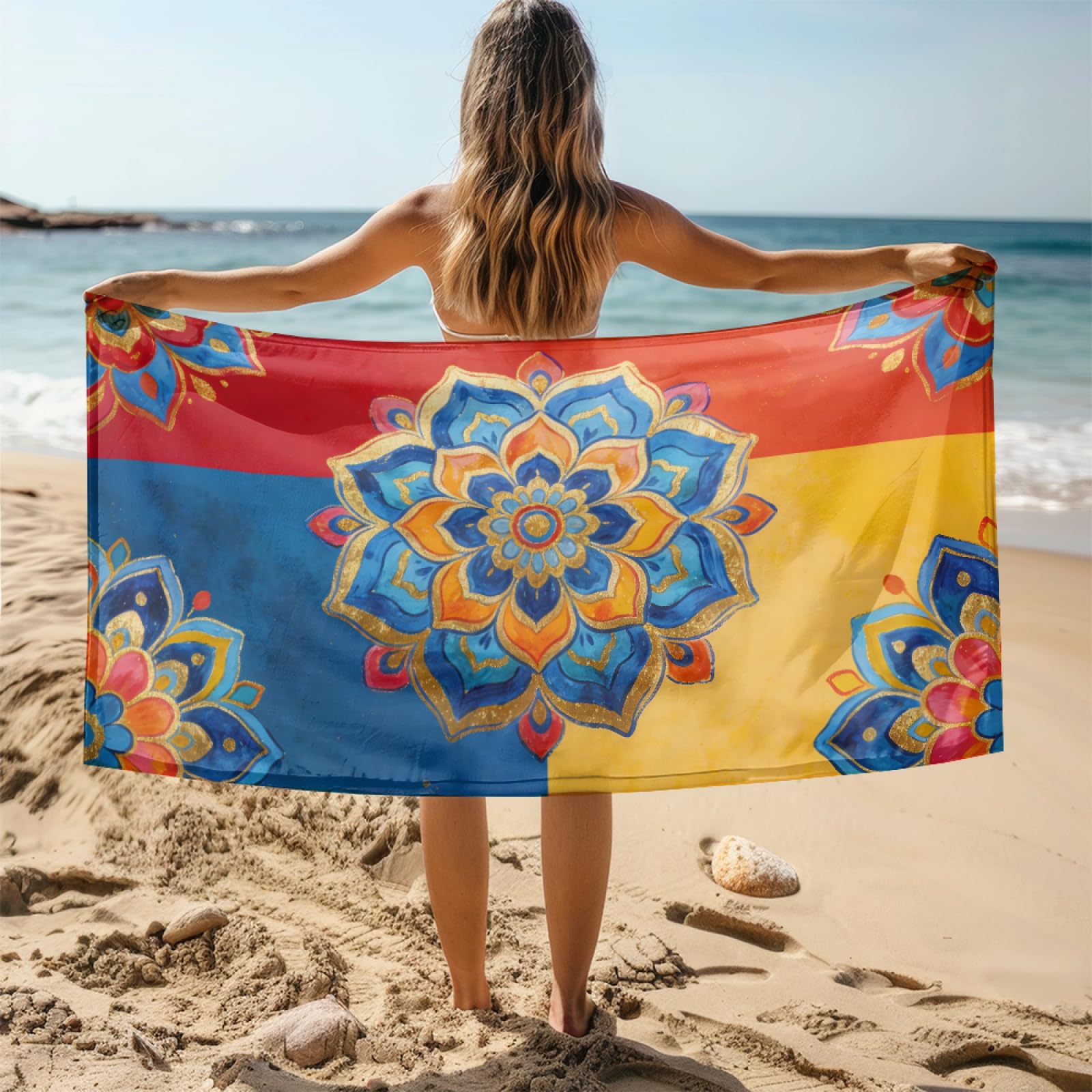Fouta PlageJaune Bleu Rouge Floral Modèle Surdimensionné avec Diverses Tailles, Respirante et Portable, Parfaite pour Voyages Sorties Piscine et Usage Extérieur Quotidien 90x160 cm
