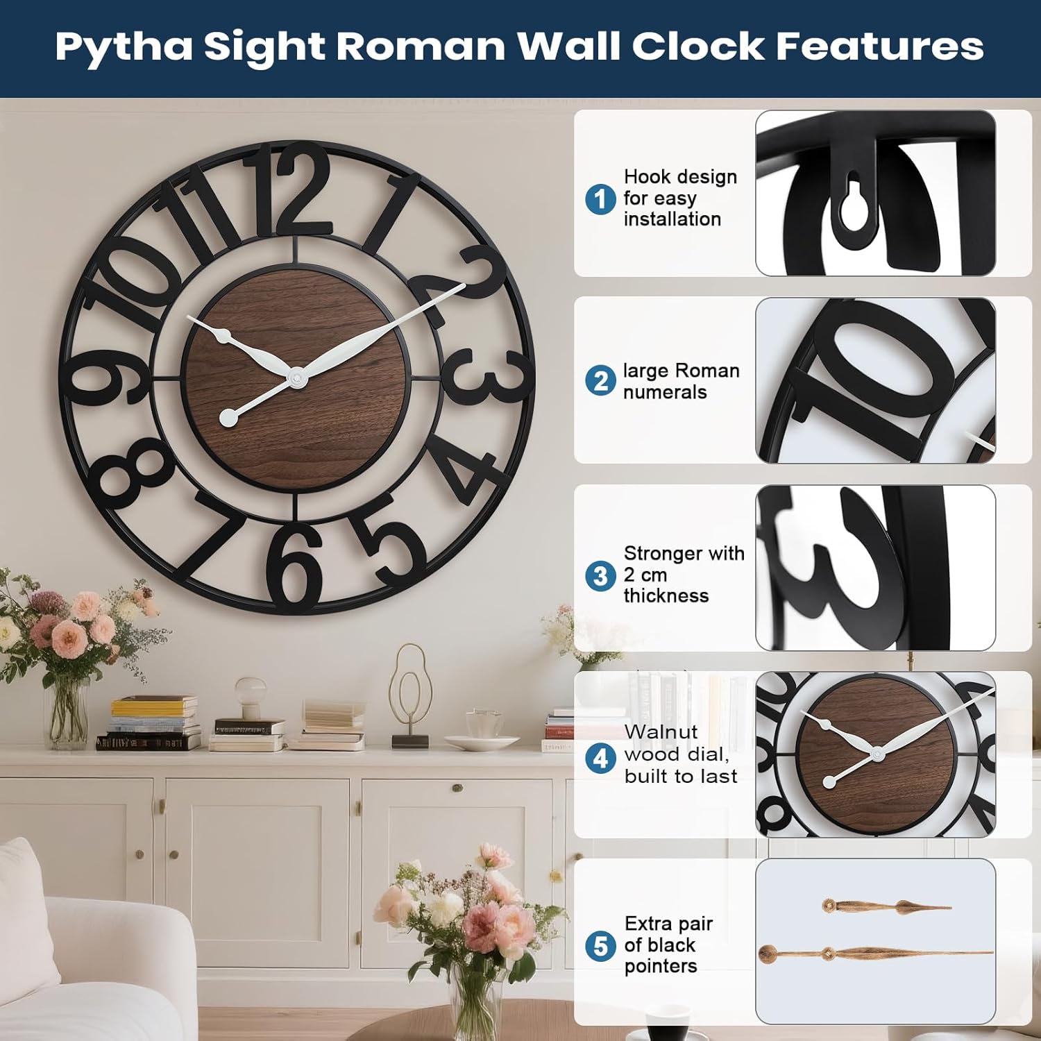 30 Inch Extra Giant Large Wall Clock, Big Metal Modern Decorative Black Walnut Arabic Numerals Silent Oversized Wall Clocks for Living Room,Kitchen Bedroom,Office,Fireplace