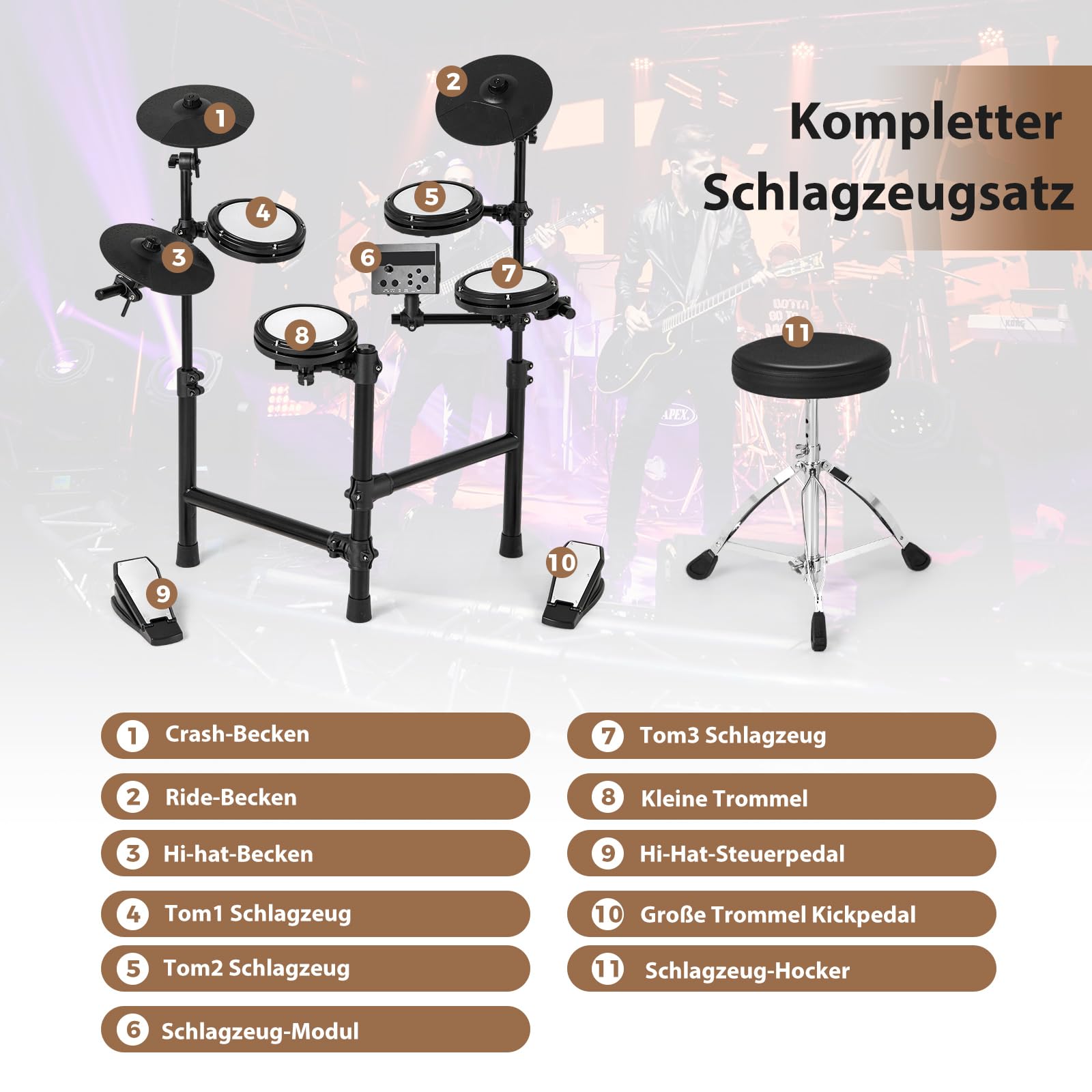 GOPLUS E-Drum Set, E Schlagzeug leises Mesh Kit mit 150 Sounds, 10 Demo, 2 Pedale & 2 Drumsticks, Electric Drum Set mit verstellbarer Sitz, USB-MIDI, Elektronische Schlagzeug für Anfänger & Erwachsene