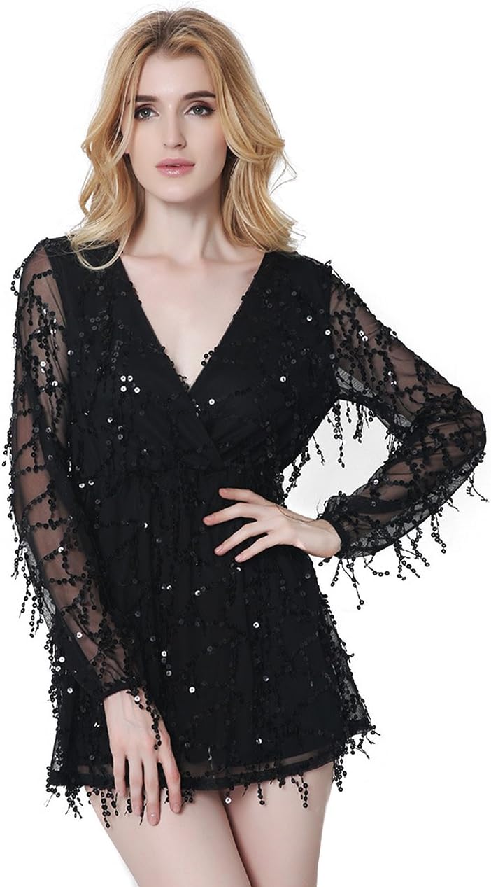 Womens Sexy Gauze Mermaid Tassels Sequin Long Sleeve Evening Club Cocktail Party Dress