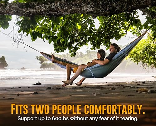 Miniatura 3 de Ryno Tuff Hamaca extragrande para 2 personas para acampar en interiores y exteriores, hamaca doble compacta impermeable con bolsillo, correas para