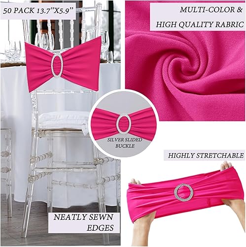 Miniatura 6 de JFDYDM Paquete de 50 bandas de elastano para sillas de color rosa intenso con hebilla deslizante para bodas, fiestas, cumpleaños, baby shower,