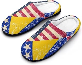 U.S.A And Bosnia And Herzegovina Retro Flag Washable Men's Non-Slip House Slippers Lightweight Cotton Memory Foam Indoor Slip On Shoes