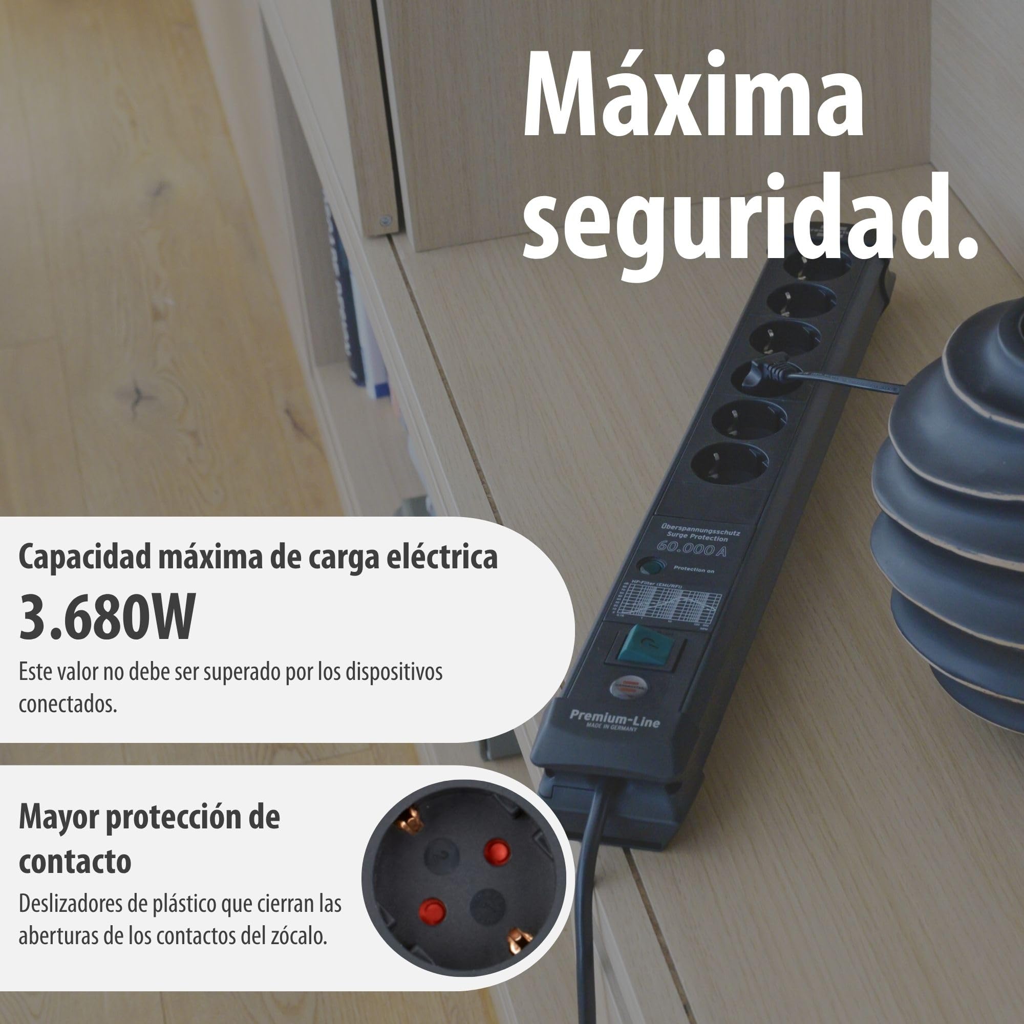 Brennenstuhl Premium-Line regleta enchufes de 6 Tomas con protección contra sobretensiones hasta 60.000 A (Cable de 3 m, Interruptor, montable, Fabricado en Alemania) Negro