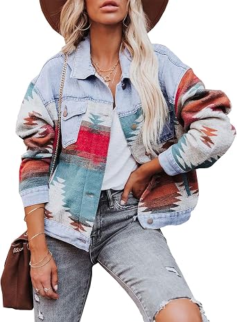 Womens Vintage Aztec Print Pattern Loose Shacket Button Down Long Sleeve Woolen Jacket Shirts Coat