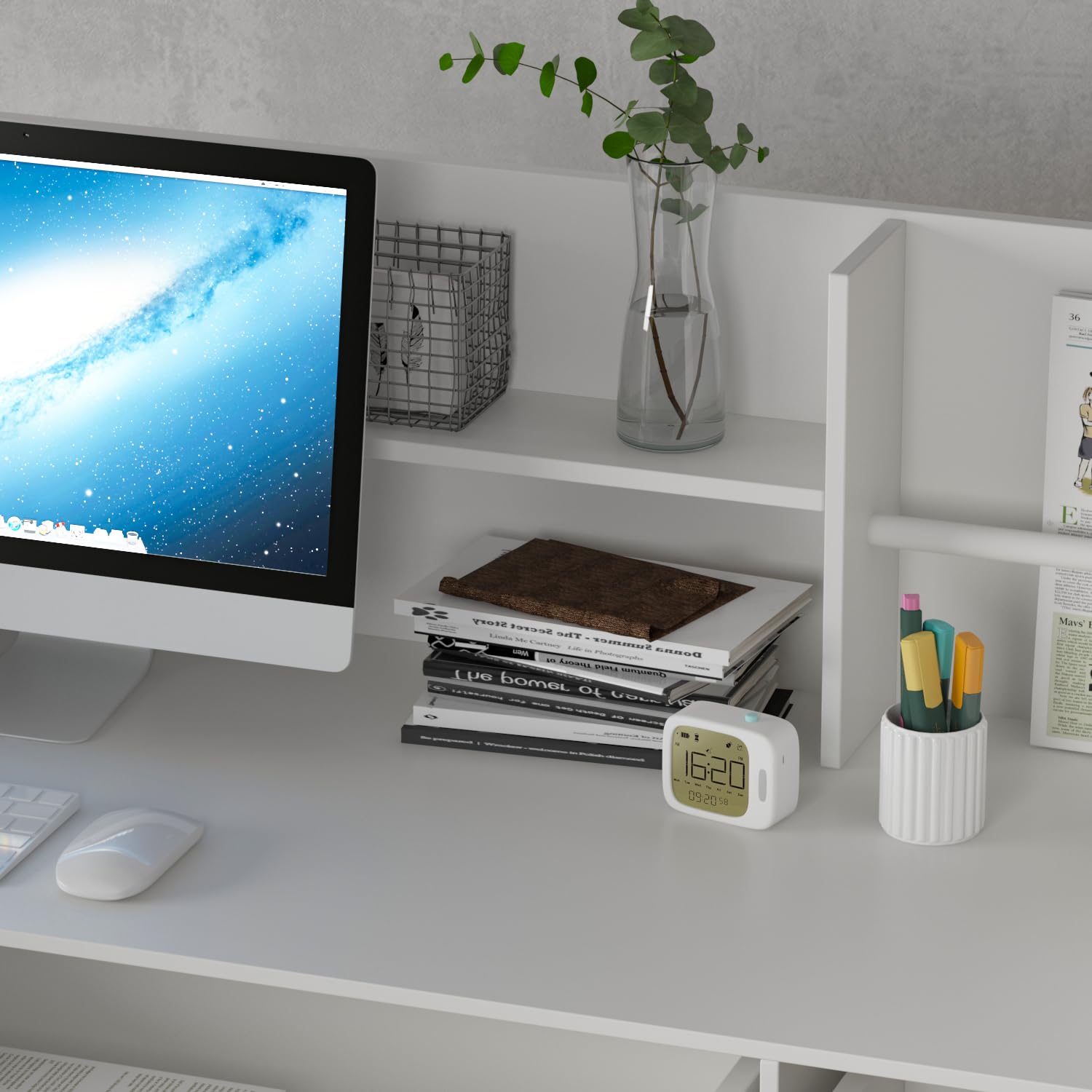 Mesa de Oficina, Mueble Recepción, Mostradores de Recepción Grandes, Mostrador Basic, con 3 Cajones, Mostradores para Tiendas, Disponible, Pantalla de Privacidad, Blanco, MDF, 110 x 120 x 50 CM