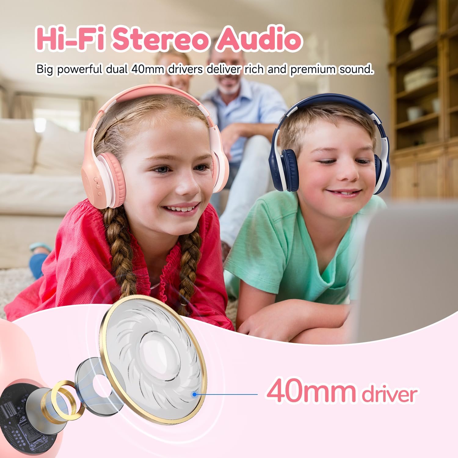 Kids Wireless Foldable Headphones with Microphone, Hi-Fi Stereo Sound, 40H Playtime, 85/94dB Volume Limited - Image 2