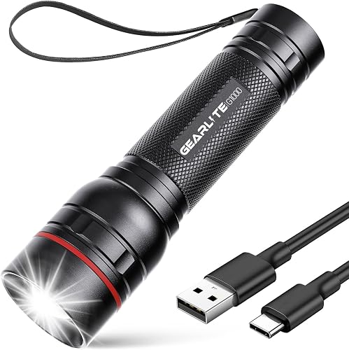 GEARLITE Rechargeable LED Torch, 2000LM Torches LED Super Bright with 3 Modes, Portable Small Torch with Battery, Waterproof Flashlight Zoomable for Power Cut, Emergency, Camping, Hiking, Outdoor