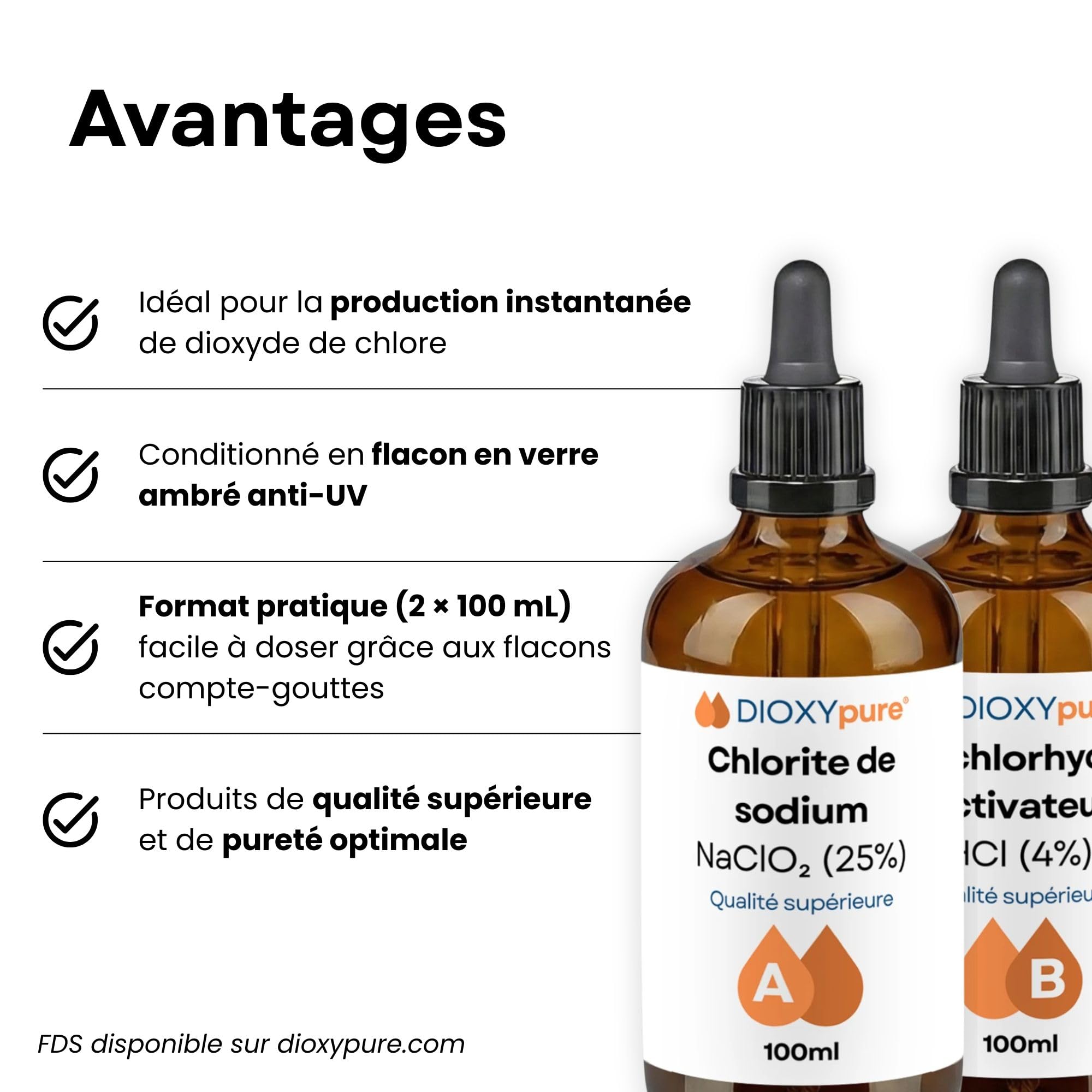 Dioxyde de Chlore - Kit de Production - 2 Flacons Compte-Gouttes en Verre de 100 ML - Chlorite de Sodium (NaClO2) 25% et Acide chlorhydrique (HCI) 4% - Désinfectant - Qualité supérieure