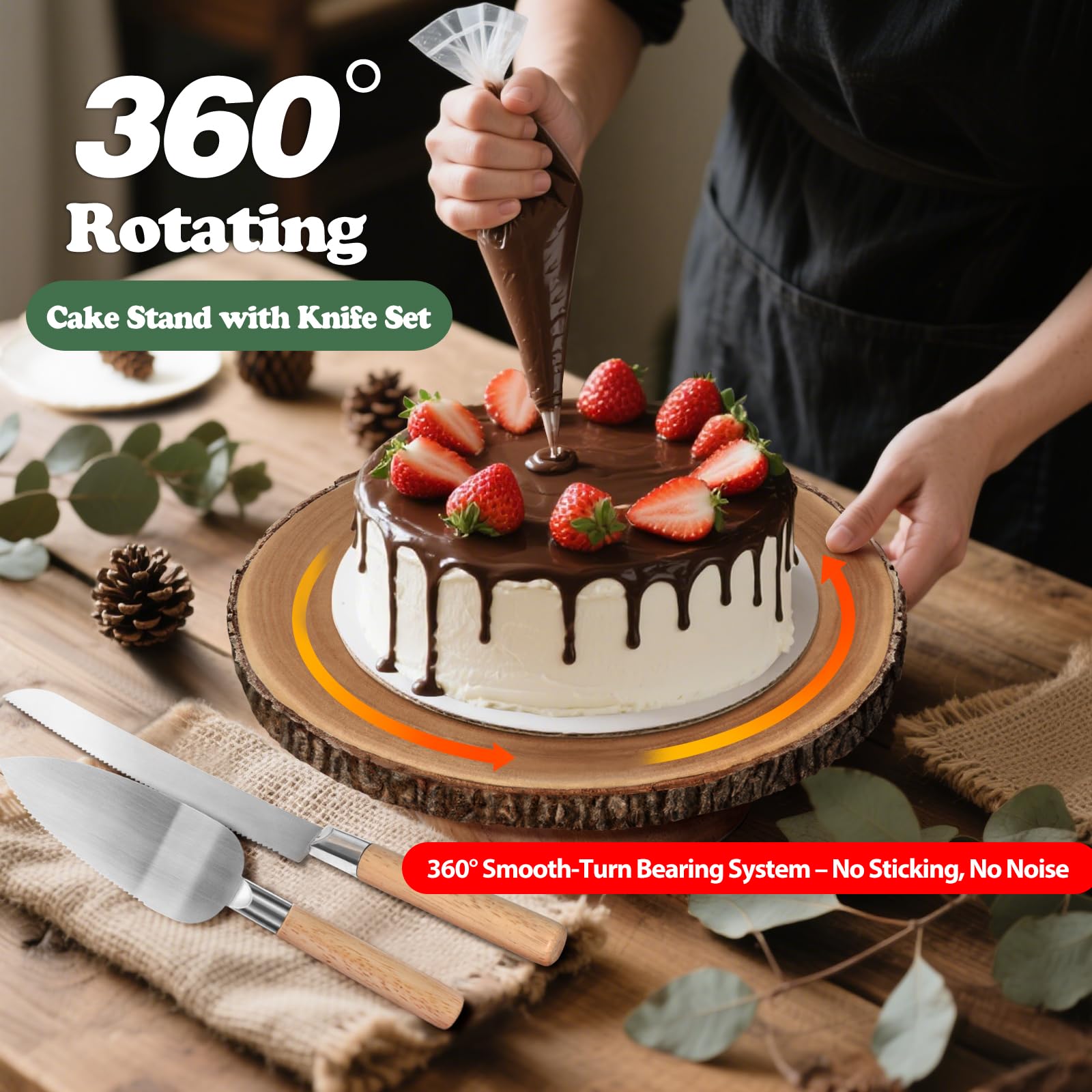 Soporte giratorio para tartas de madera de 12 pulgadas con juego de corte de pasteles, soportes de madera rústica para fiestas, bodas, regalos de horneado, eventos, decoración de pasteles