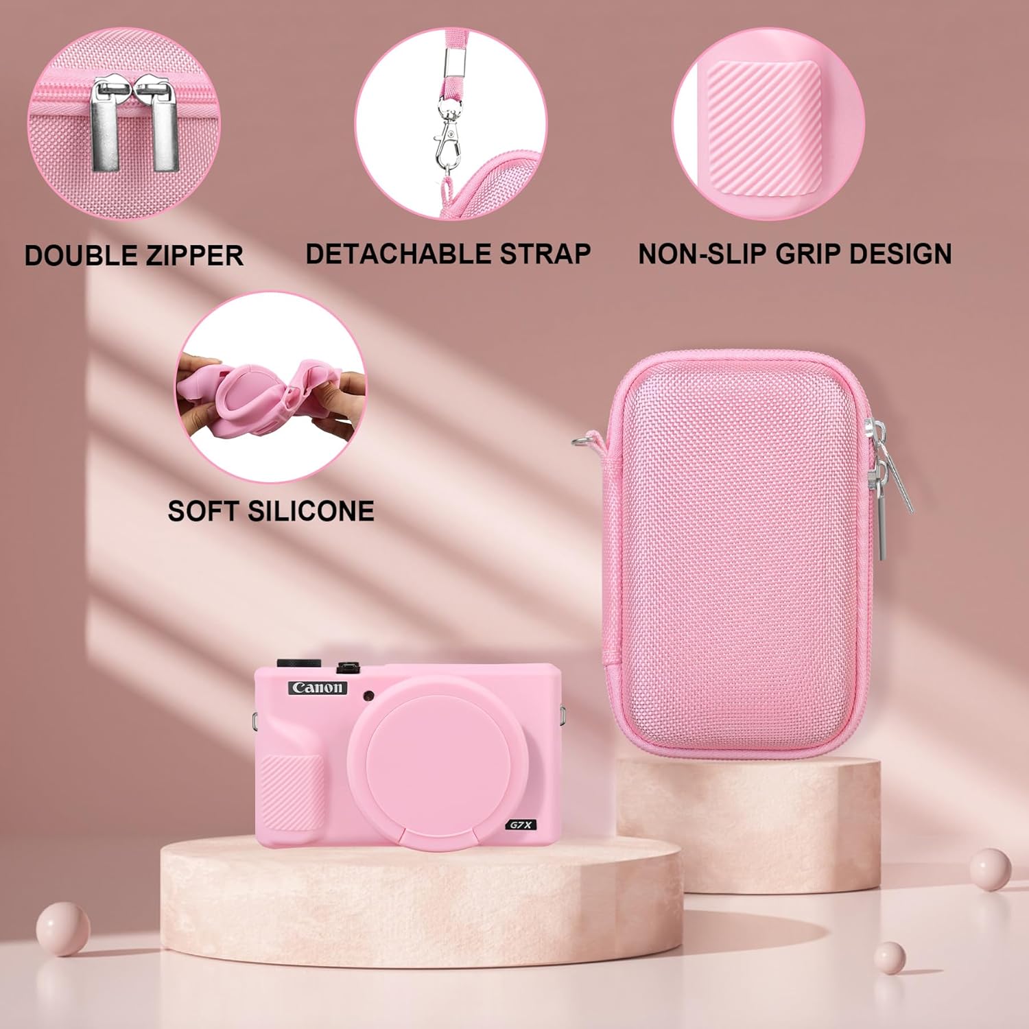 Canboc Case for Canon PowerShot G7X Mark III Digital Camera, 1* Hard Carrying Case + 1* Soft Silicone Cover with Removable Lens Cover, Pink (Case Only) - Image 5