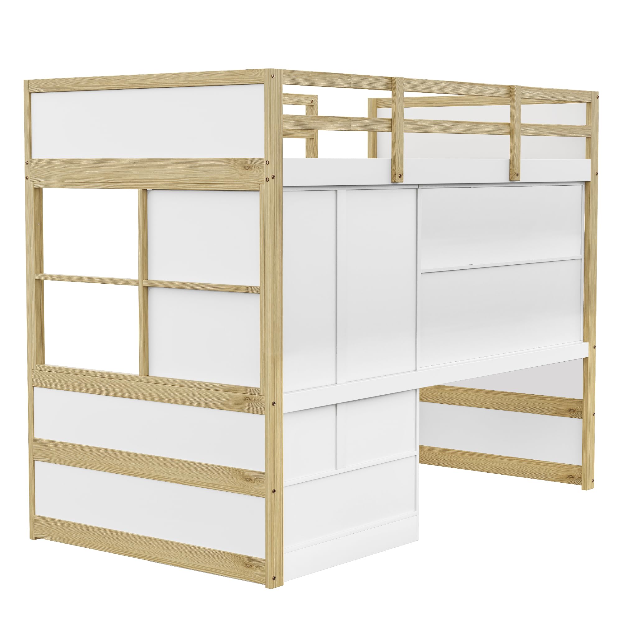 Cama alta 90x200 con escritorio y armario - Moimhear Cama infantil y juvenil que ahorra espacio, color madera, escalera, almacenamiento y 2 cajones