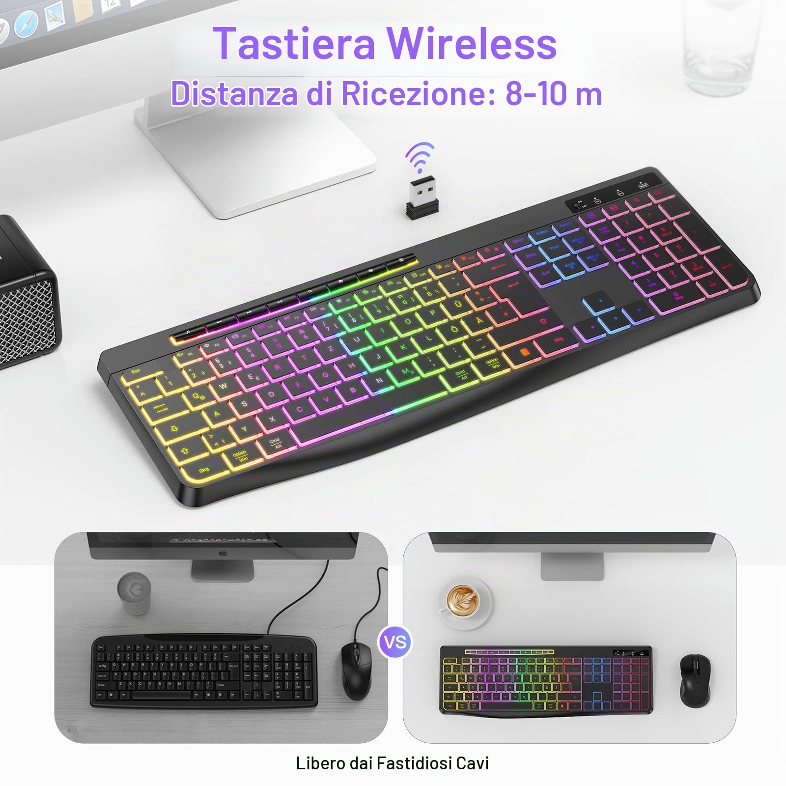 TECURS Tastiera da gioco wireless QWERTZ silenziosa illuminata ergonomica impermeabile tastiera LED 2,4 GHz per Windows/Mac/PS4/Xbox con tasti multimediali, colore nero